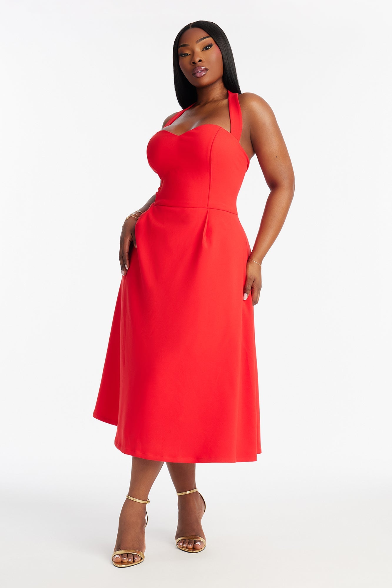 Celine Halter Corset Midi Dress - Red