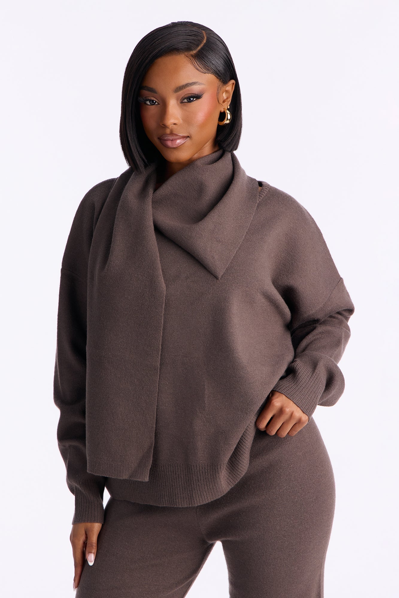 Better Than You Scarf Sweater Pant Set - Charcoal