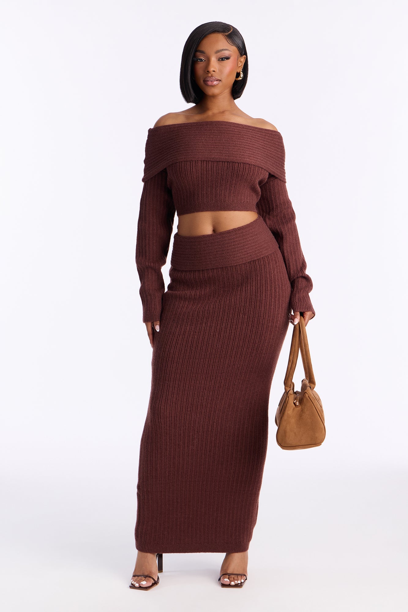 Nevea Sweater Fold Over Maxi Skirt Set - Chocolate