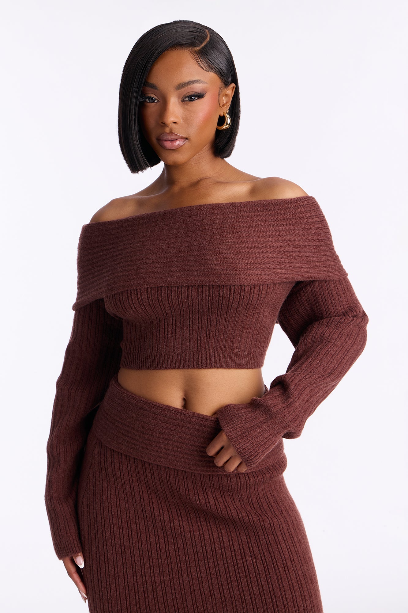 Nevea Sweater Fold Over Maxi Skirt Set - Chocolate