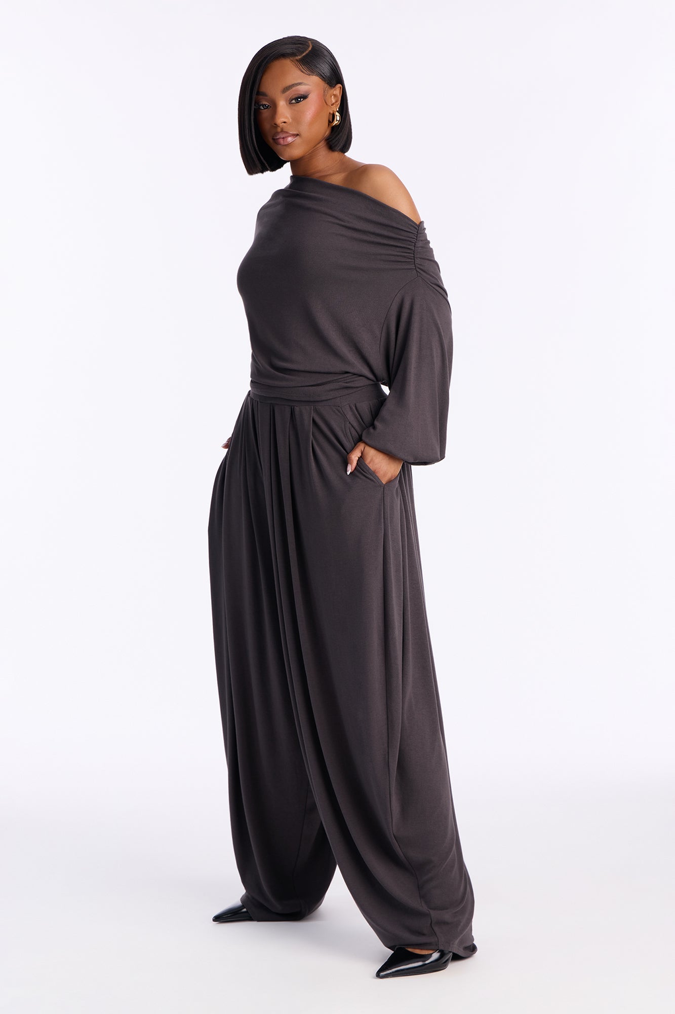 Calista Off Shoulder Balloon Pant Set - Charcoal