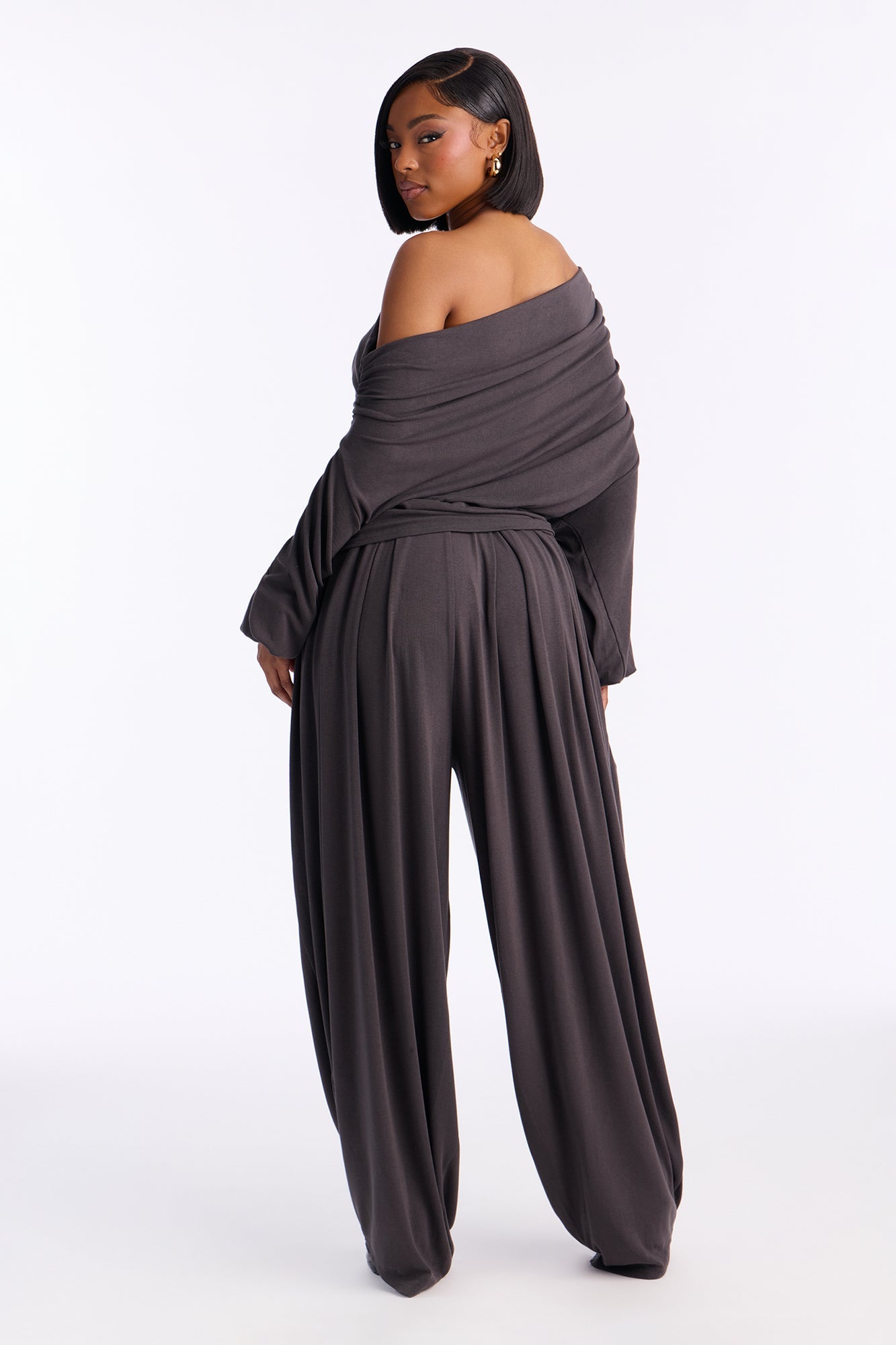 Calista Off Shoulder Balloon Pant Set - Charcoal