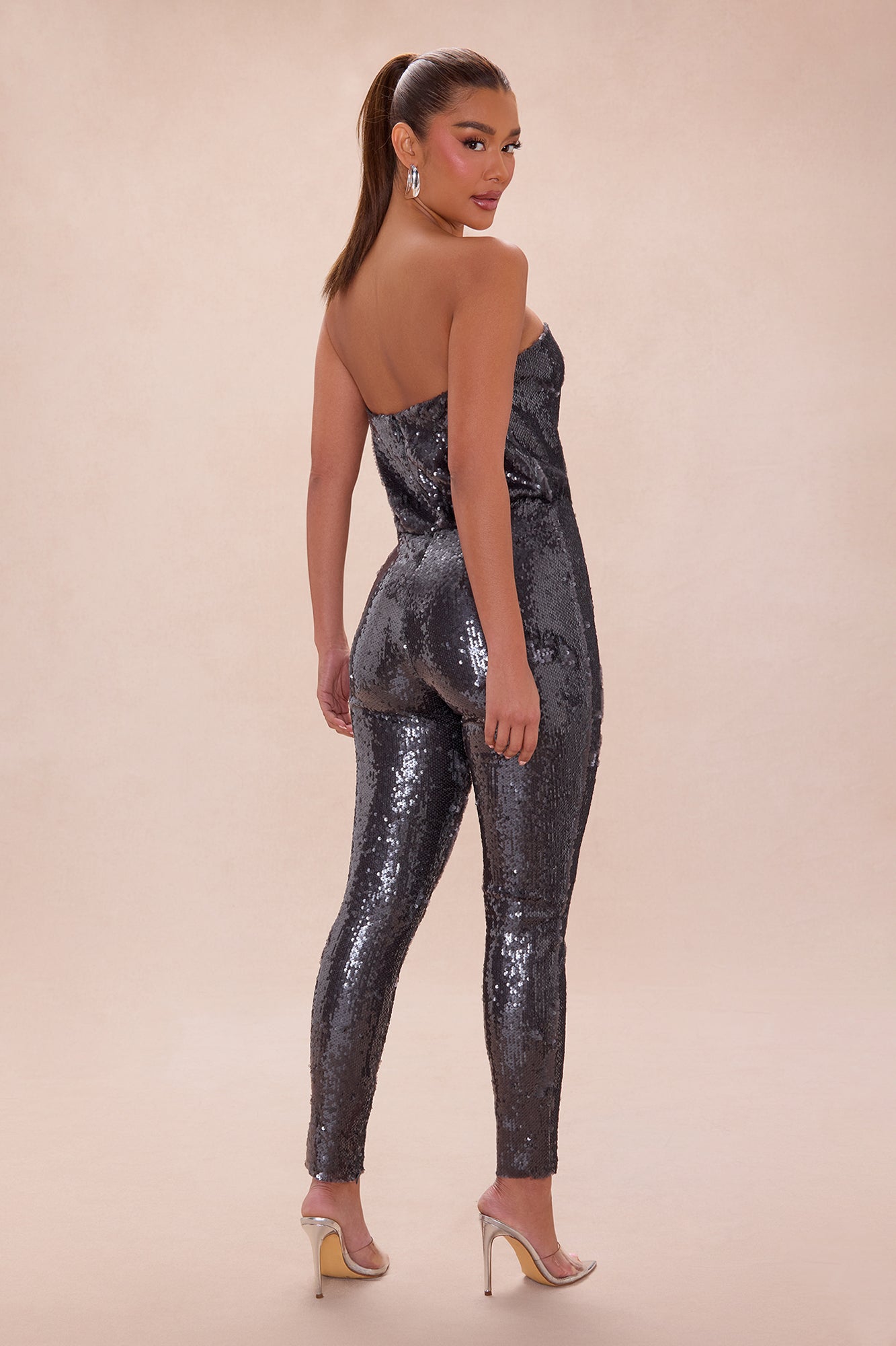 Up All Night Strapless Sequin Jumpsuit - Gunmetal