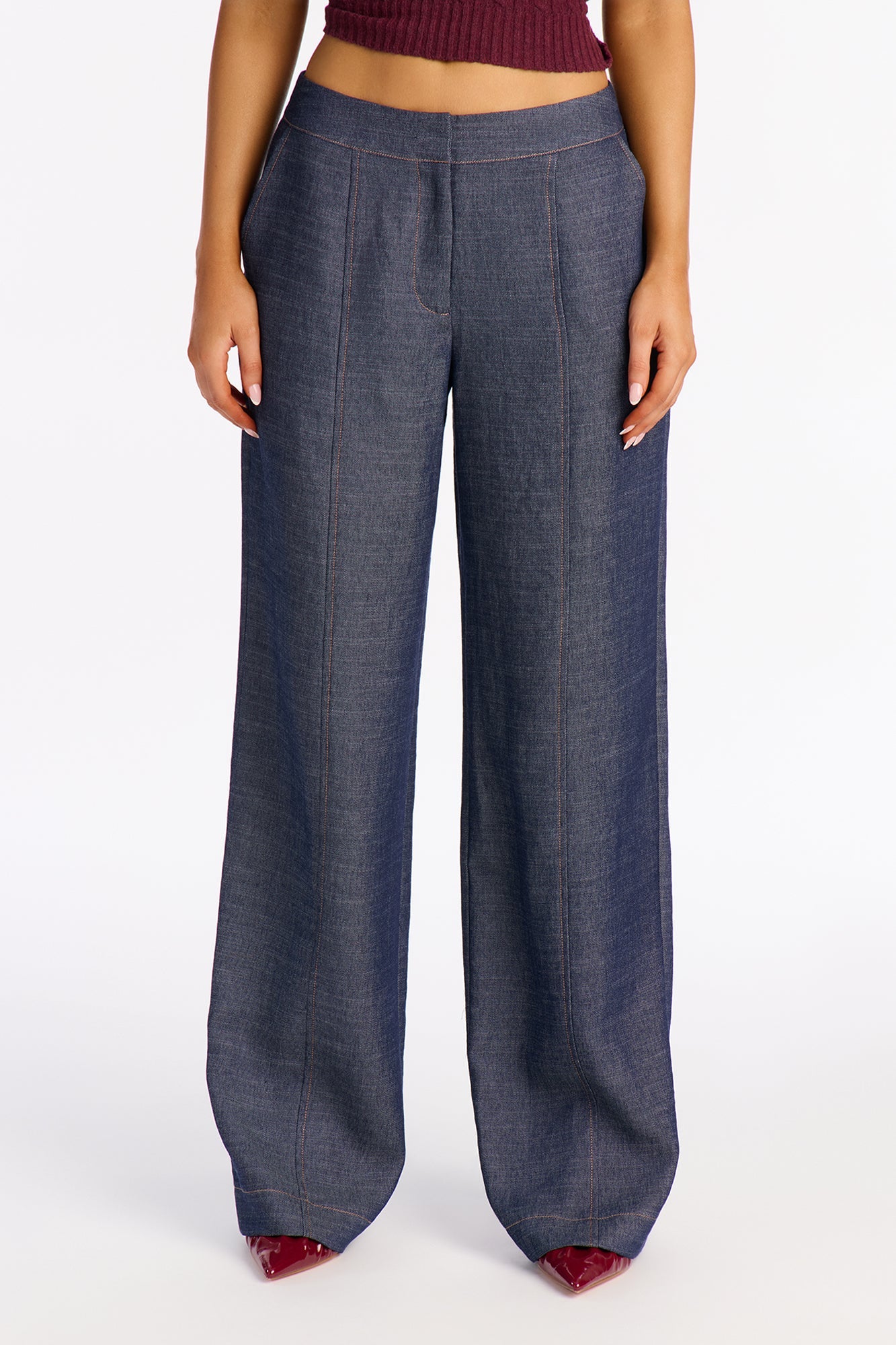 Mid Rise Hustle Wide Leg Chambray Pant 33″ - Dark Wash
