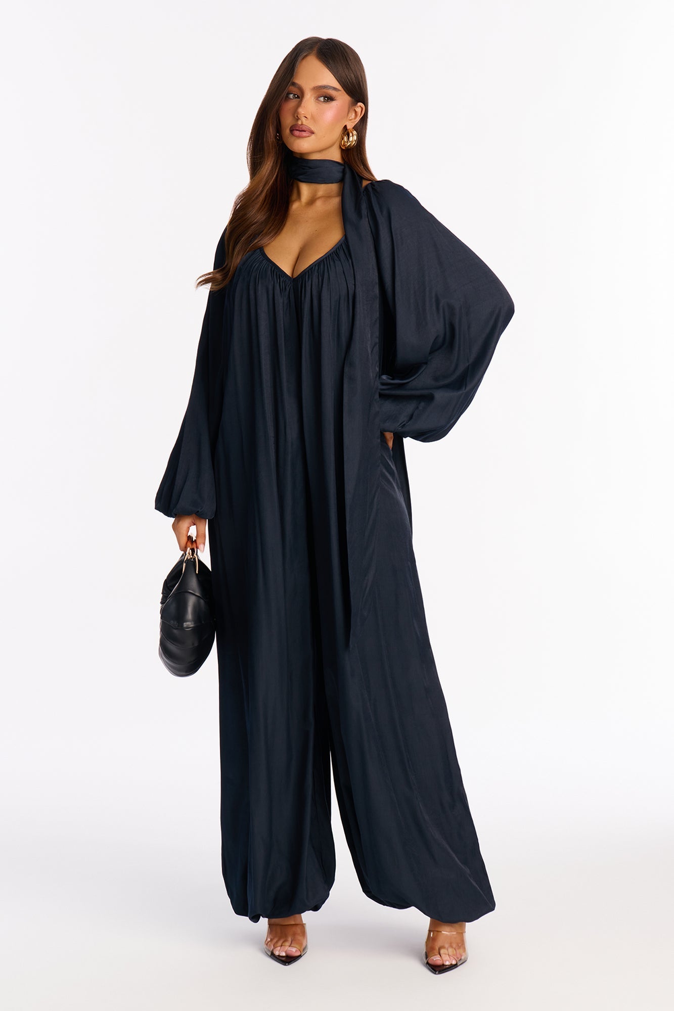 Satin Sips Balloon Wide Leg Jumpsuit - Navy