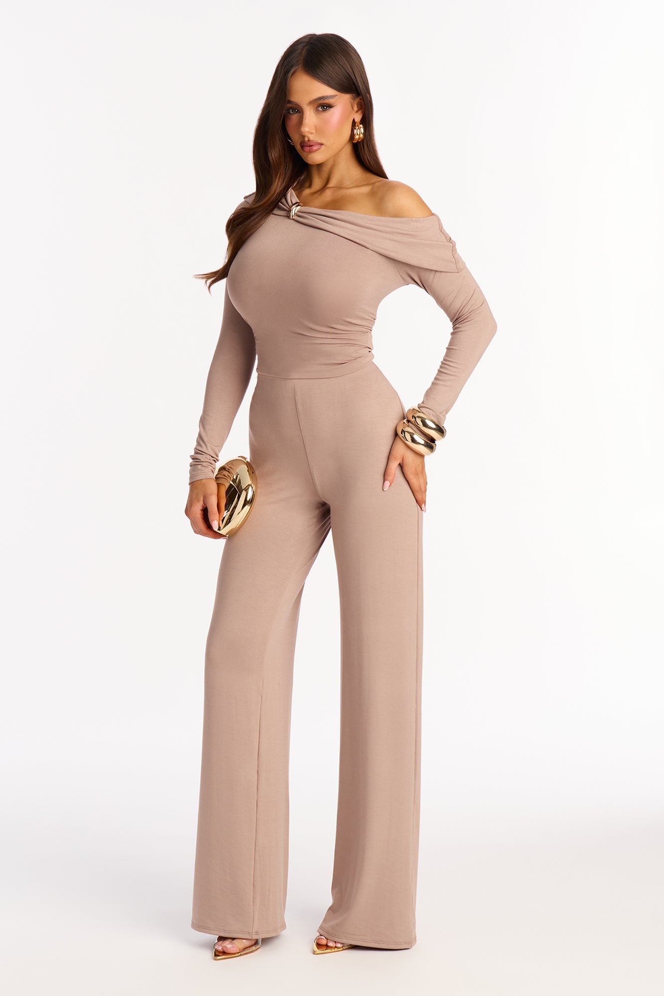 Valerie Off Shoulder Wide Leg Pant Set - Mocha