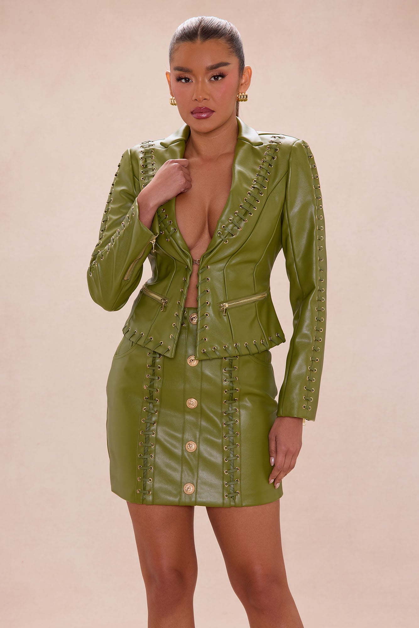 Downtown Vibe Lace Up Faux Leather Jacket - Green