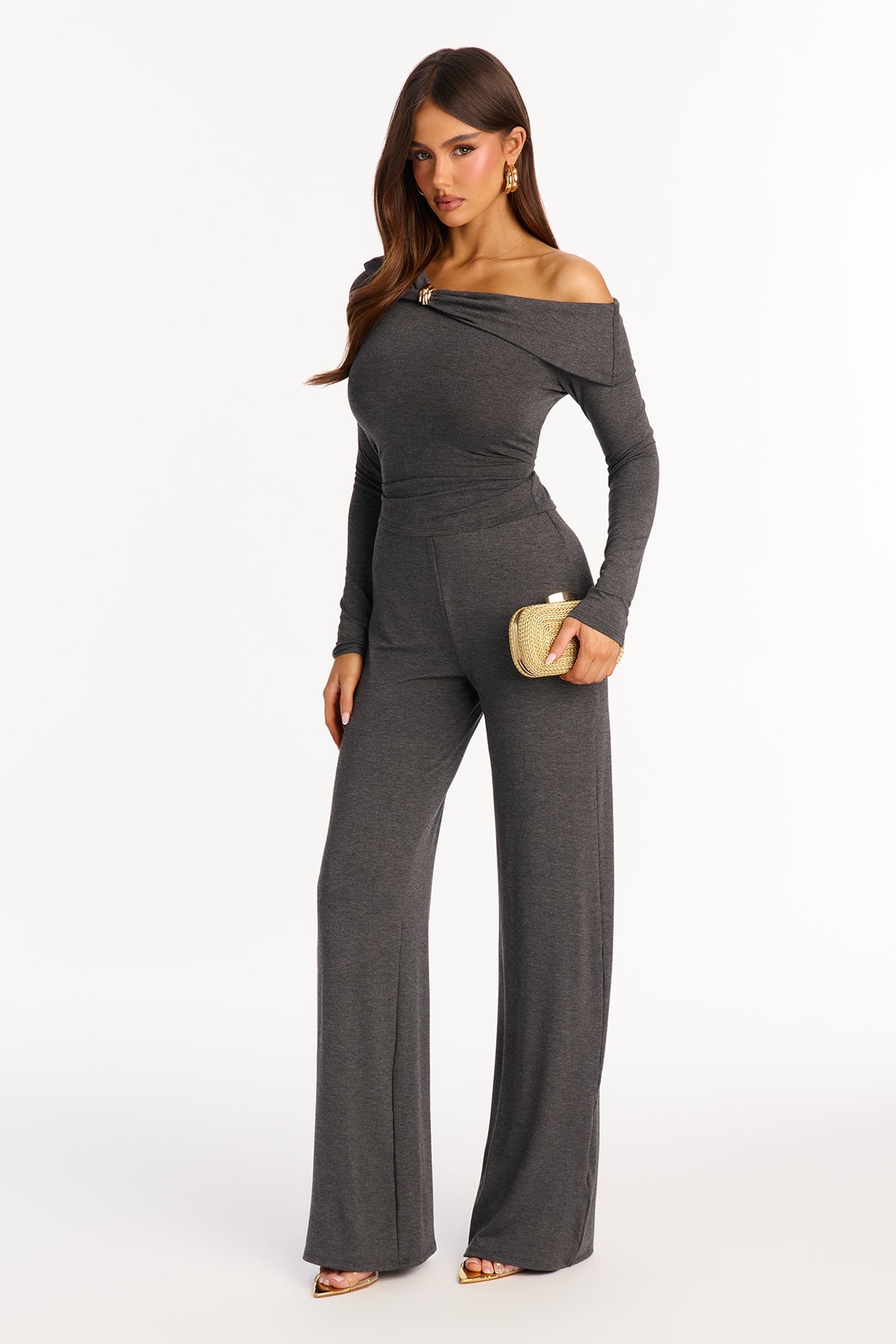 Valerie Off Shoulder Wide Leg Pant Set - Charcoal