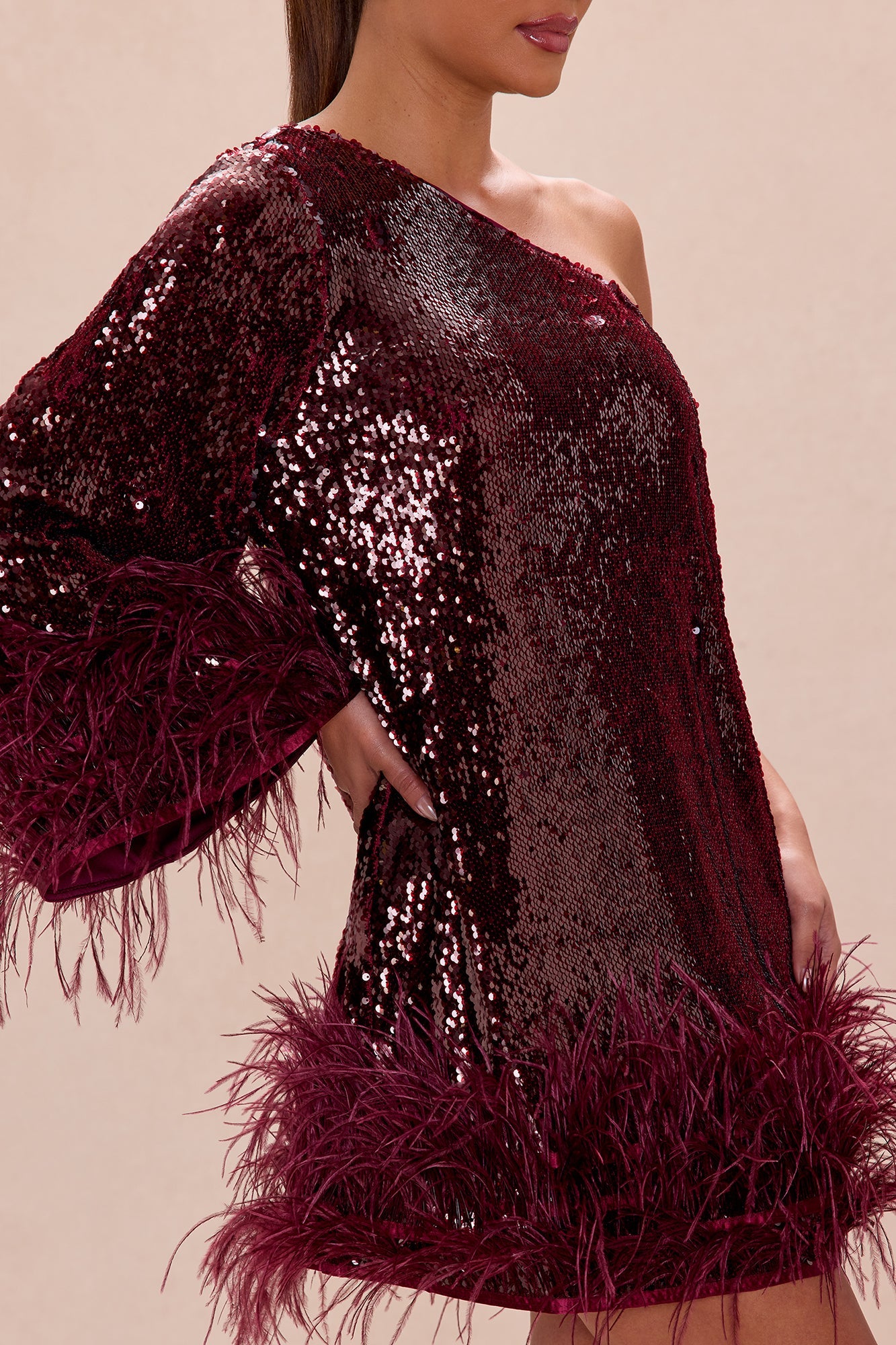 Robyn Sequin Feathered Mini Dress - Burgundy