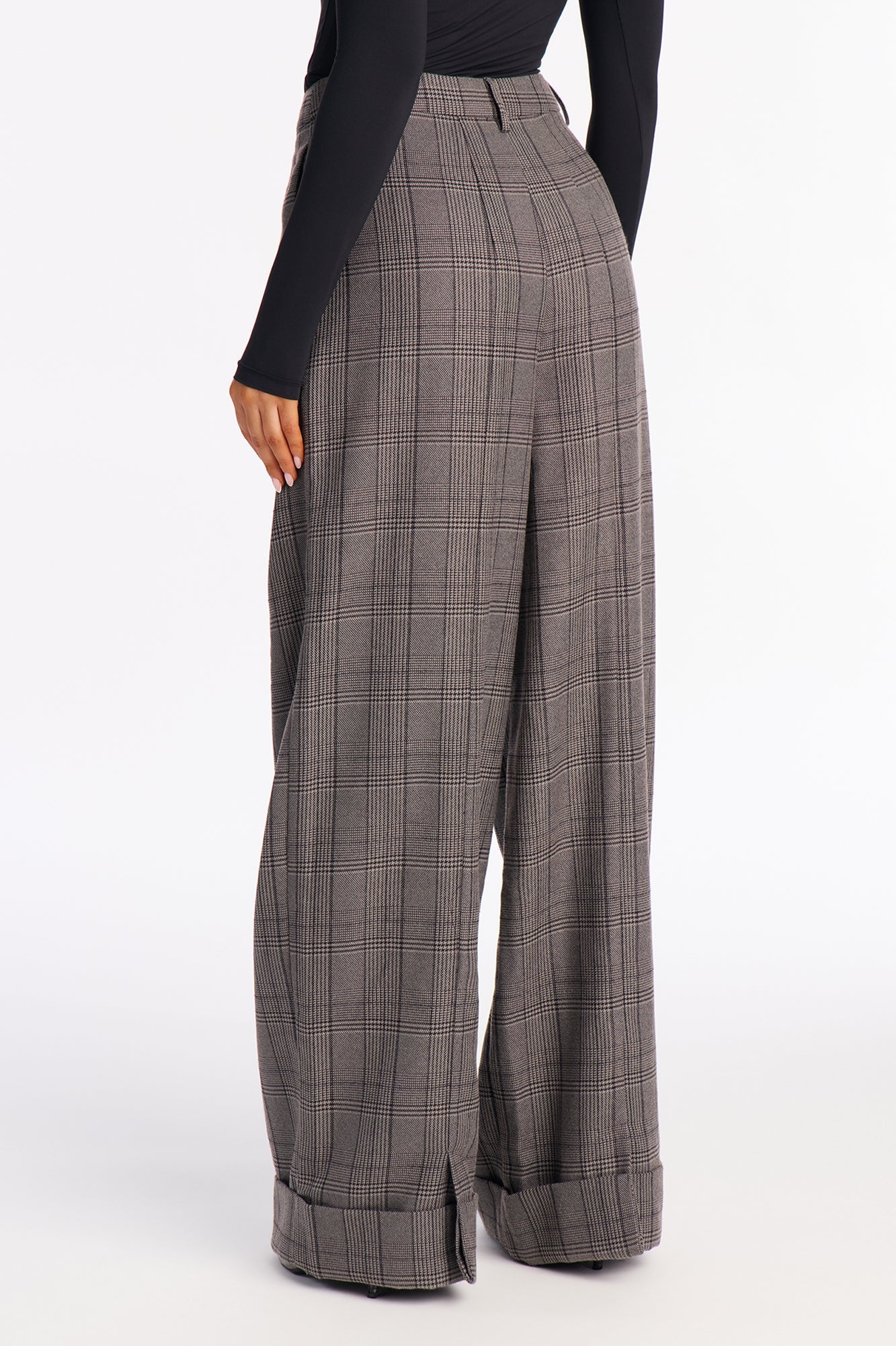 Claudette Cuffed Plaid Trousers - Charcoal