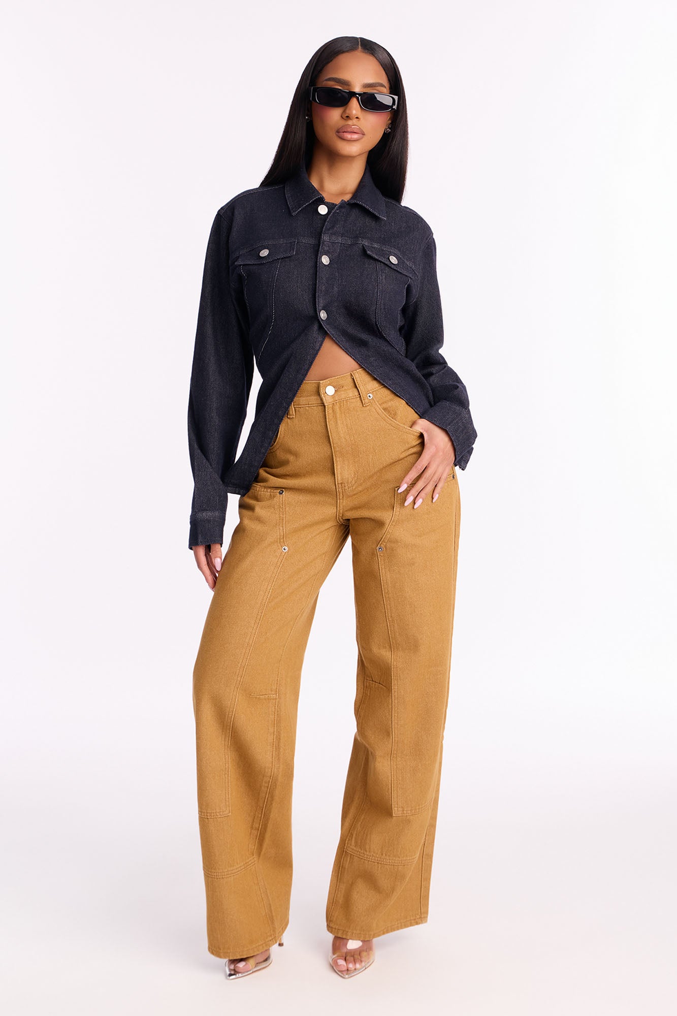 She Works Hard Utility Wide Leg Jeans - Brown