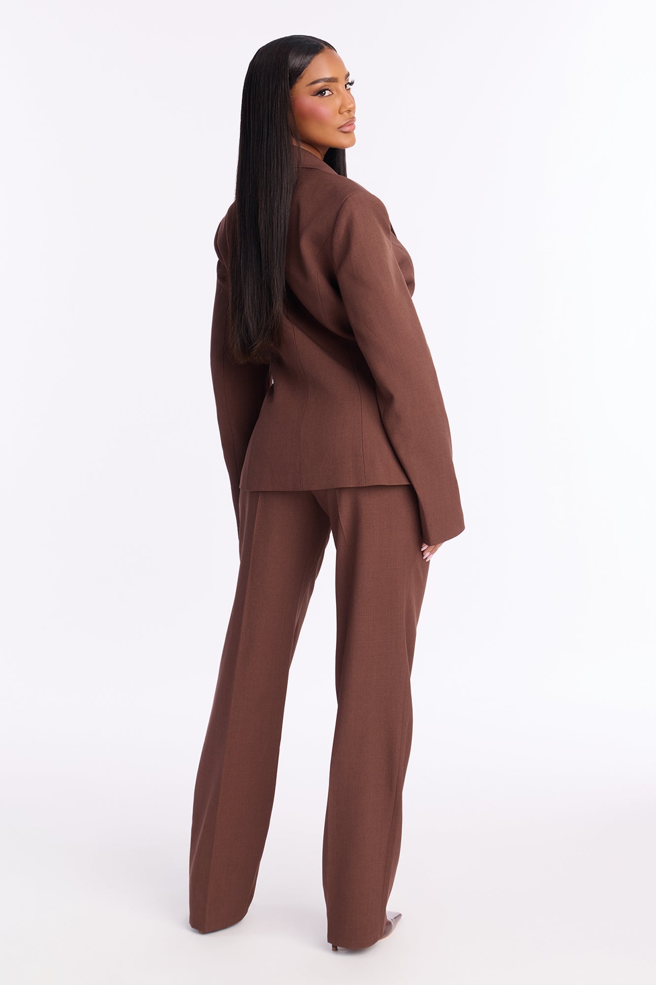 High Authority Bold Shoulder Blazer Pant Set - Brown