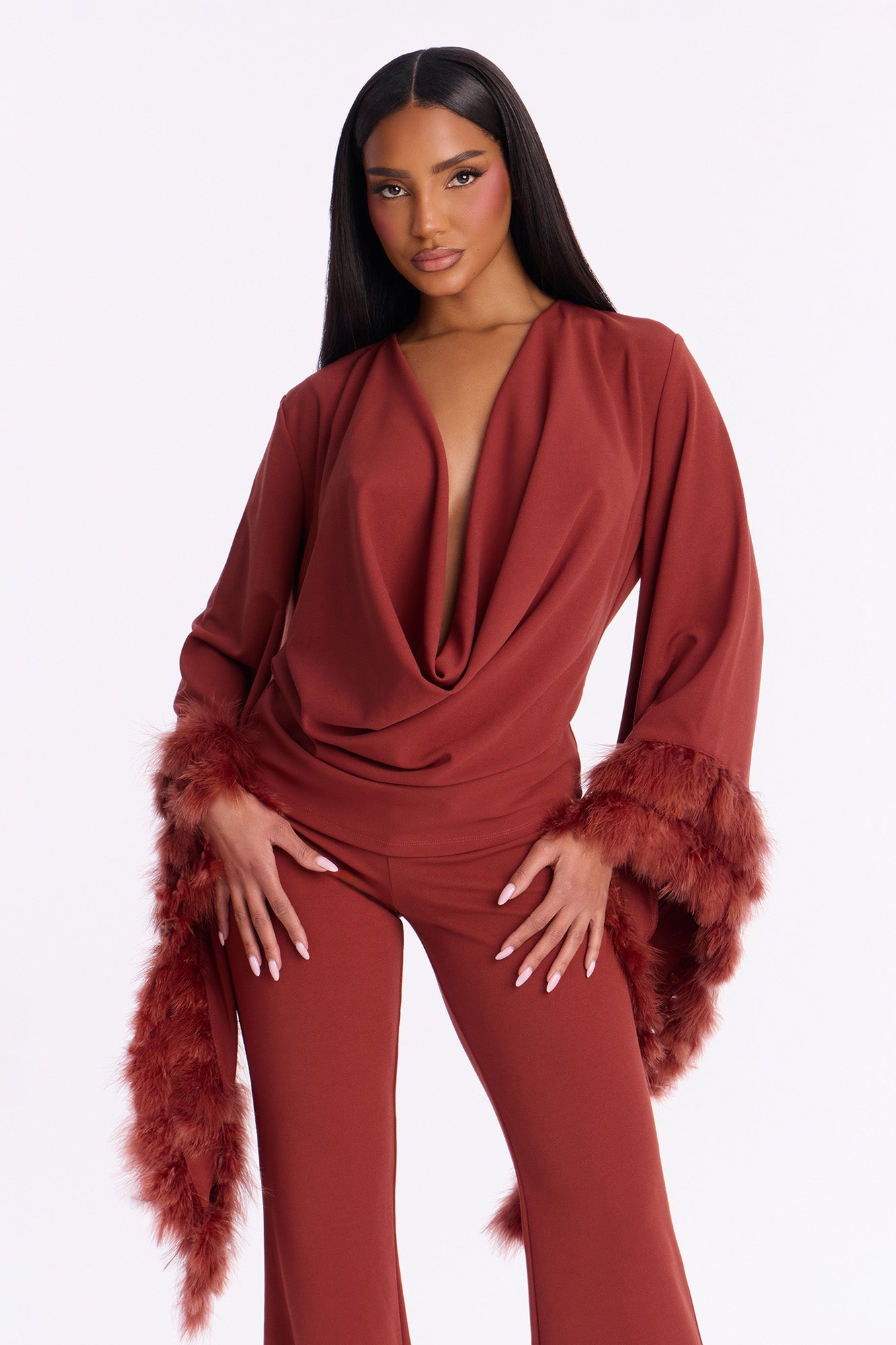 High Maintenance Drama Sleeve Feathered Pant Set - Marsala