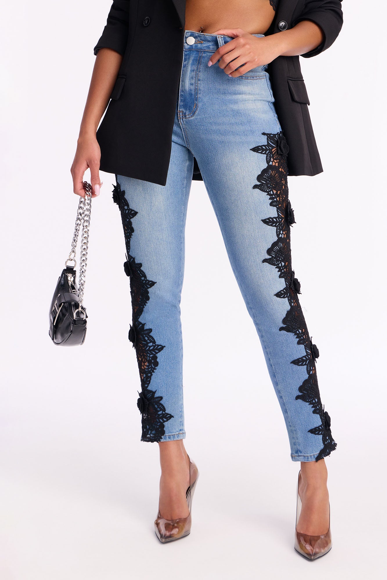 One More Chance Lace Trim Skinny Jeans - Light Wash