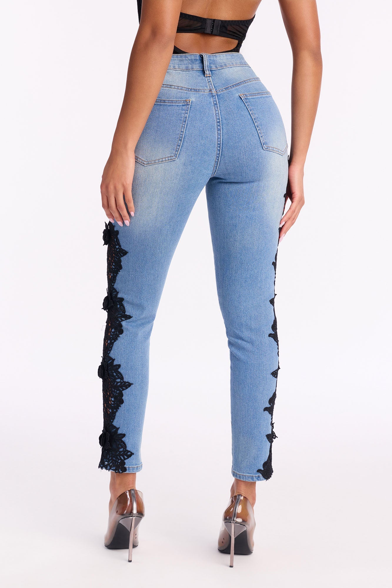 One More Chance Lace Trim Skinny Jeans - Light Wash