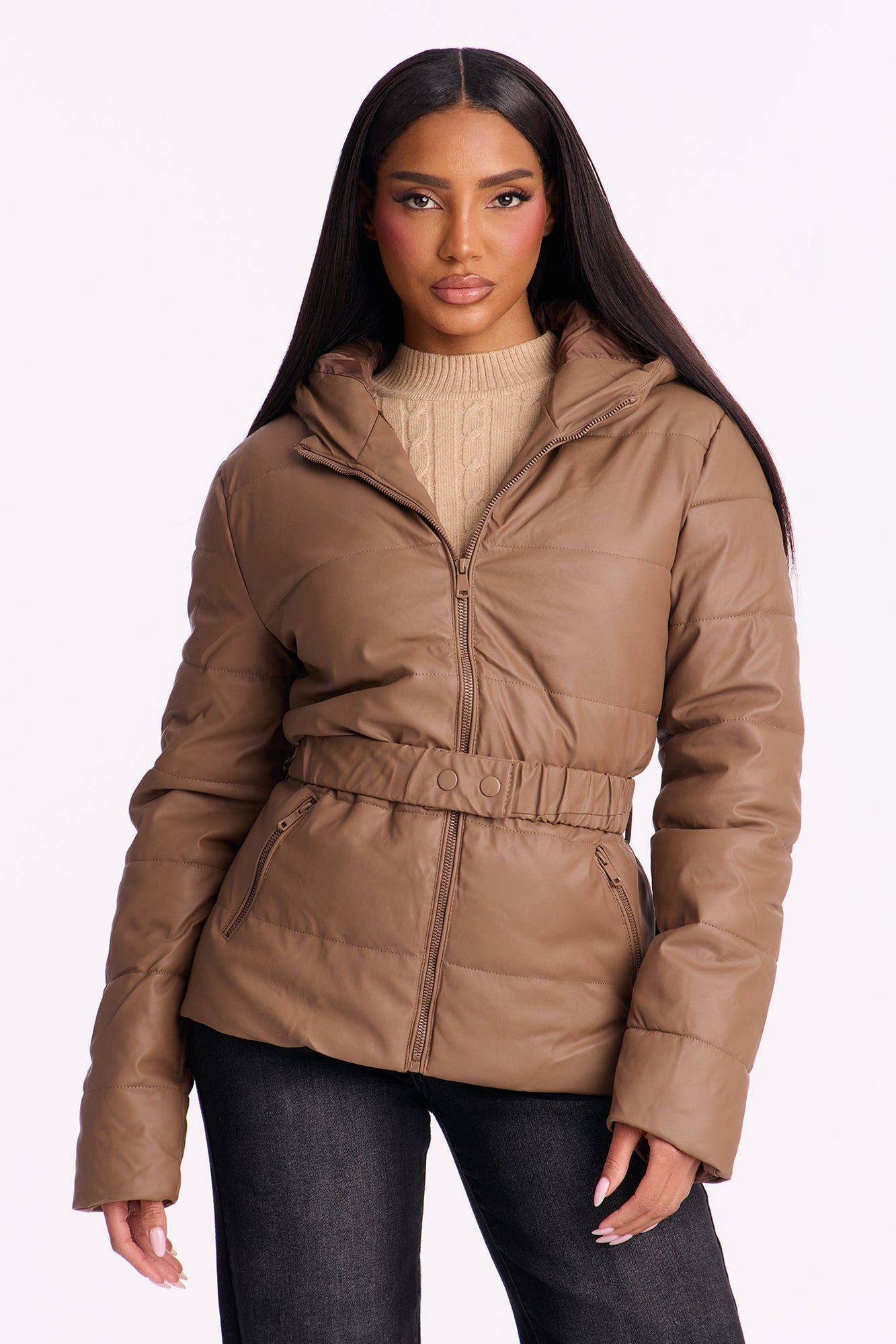 City Nights Faux Leather Puffer Jacket - Brown