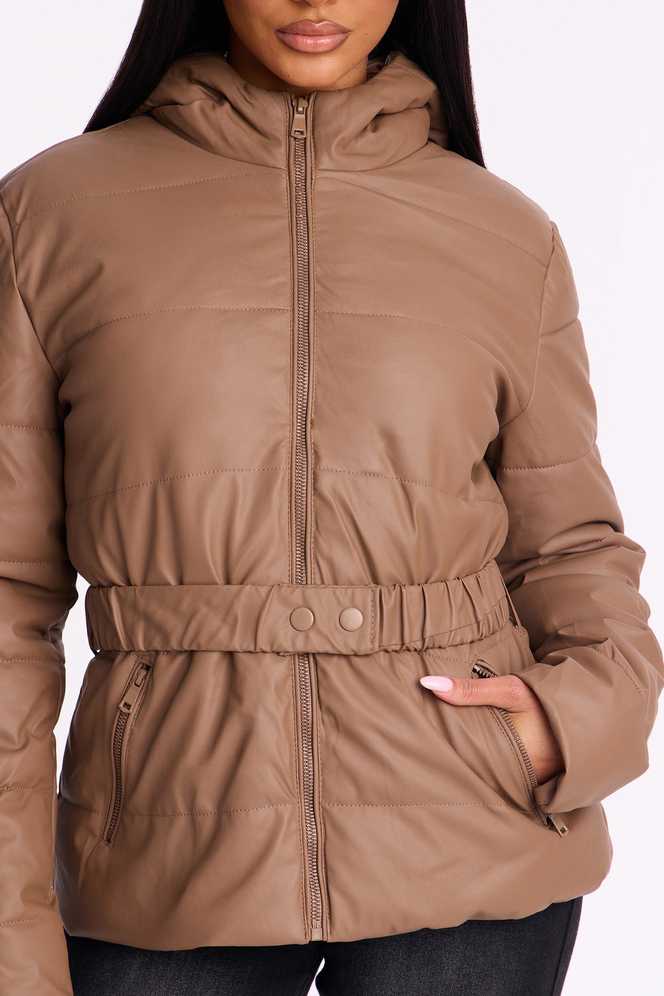 City Nights Faux Leather Puffer Jacket - Brown
