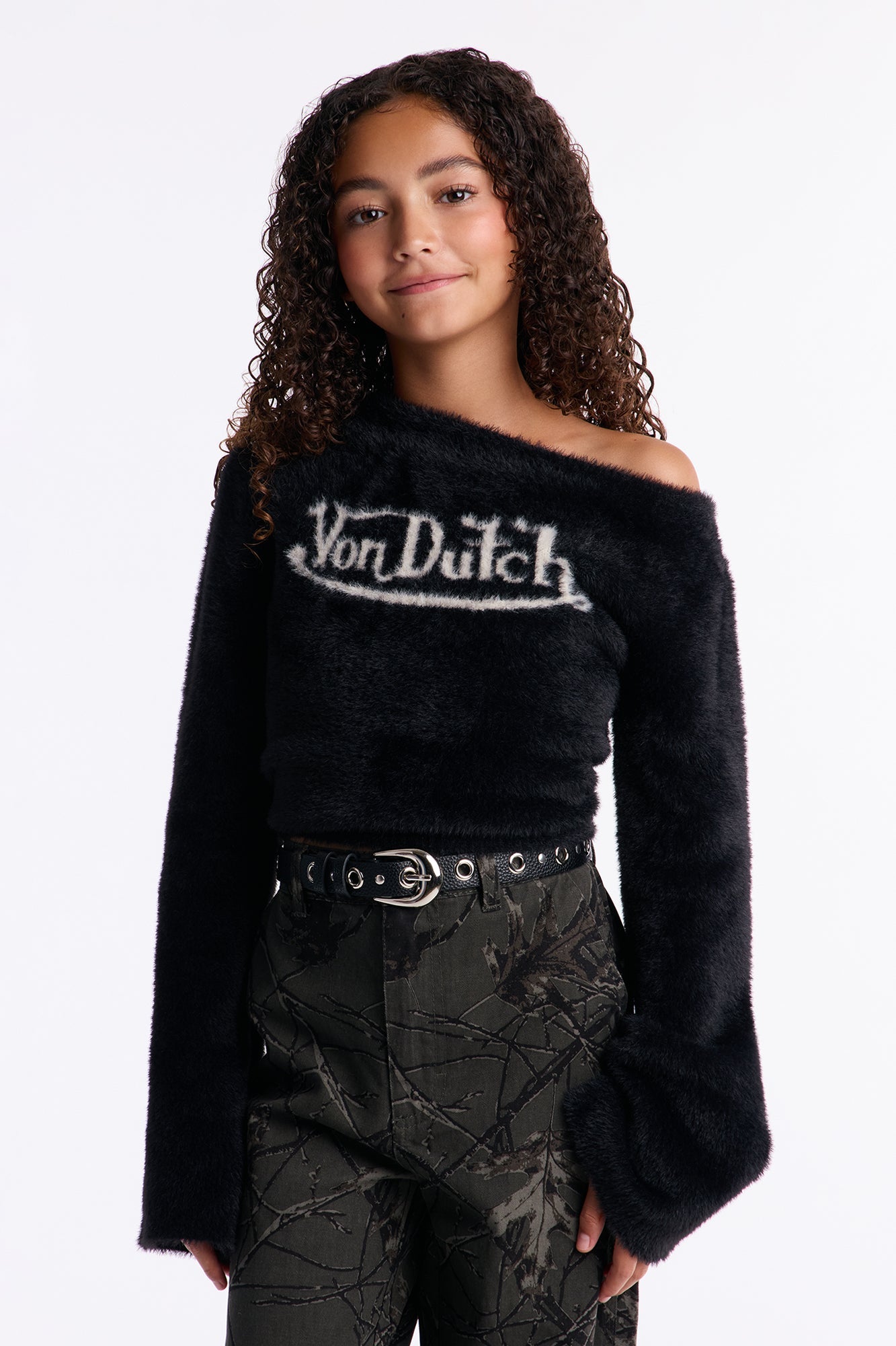 Mini Von Dutch Fuzzy One Shoulder Top - Black