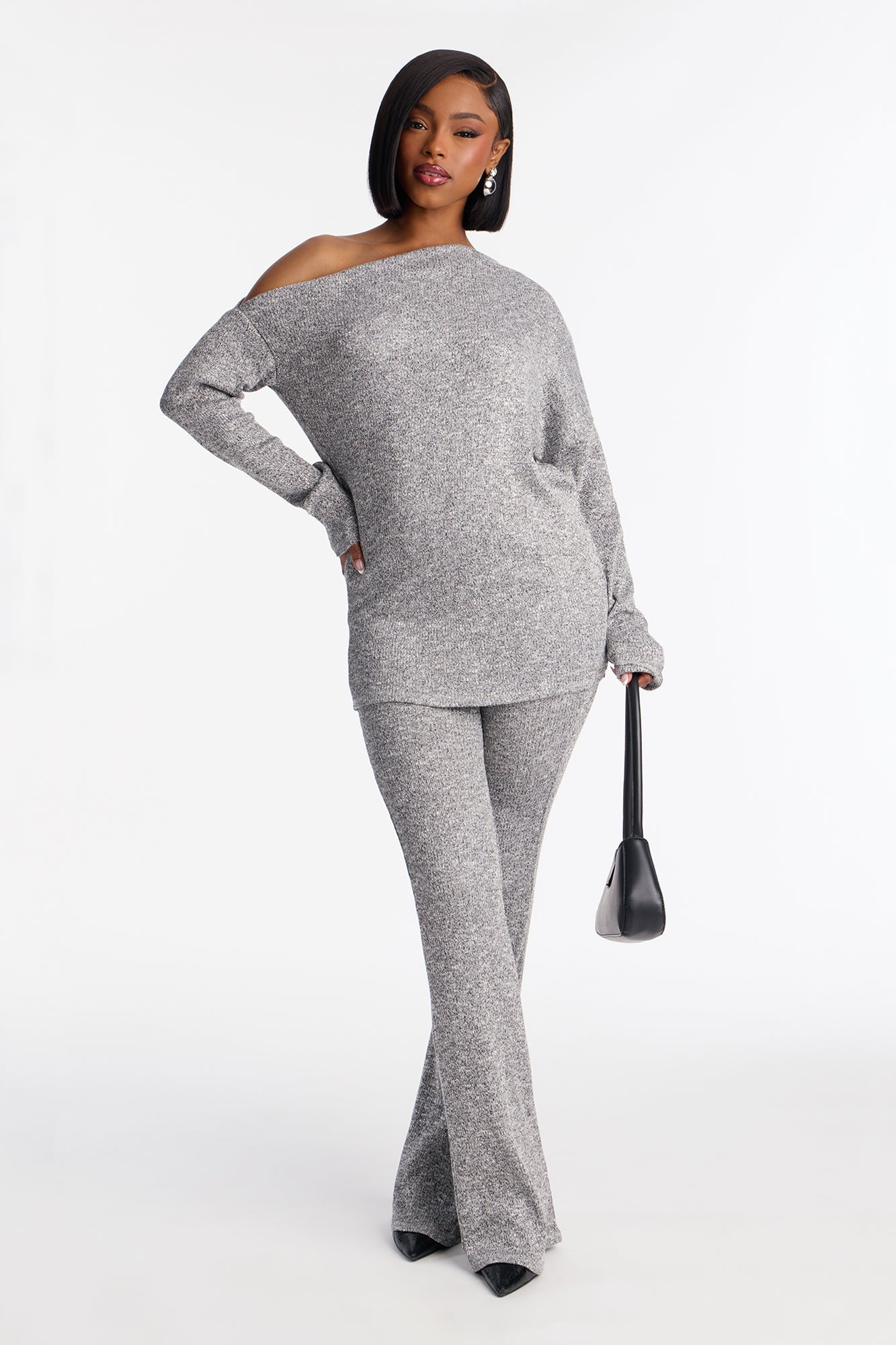 Tia Off Shoulder Flare Pant Set - Grey