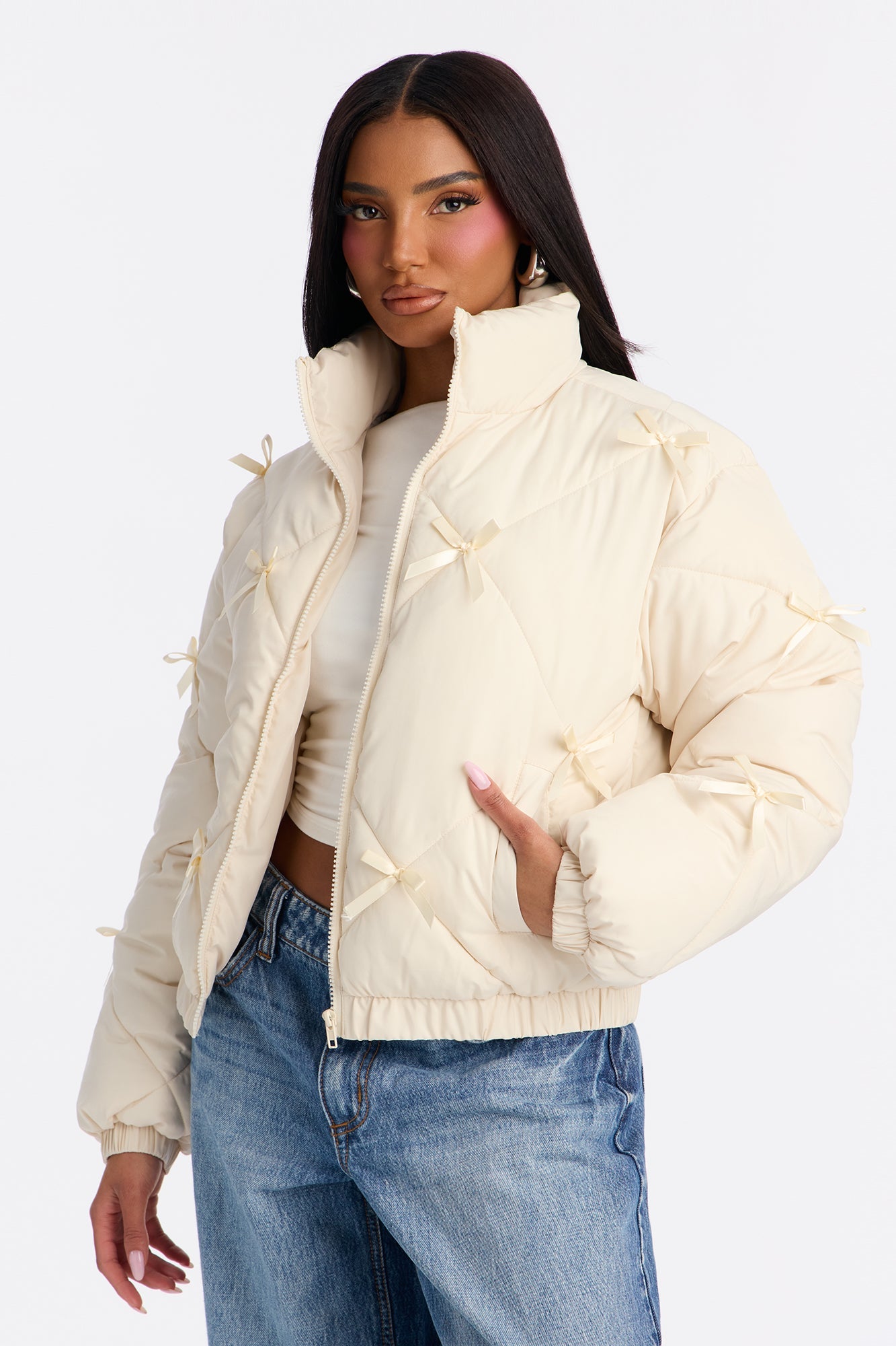 Cuteness Overload Bow Nylon Puffer Jacket - Cream