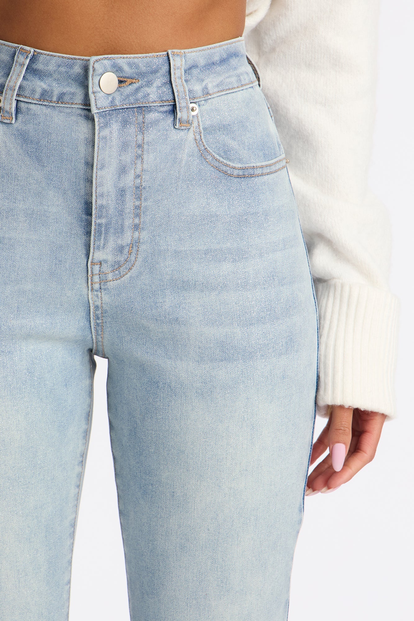All That Glitter Foil Stretch Skinny Jeans - Light Wash