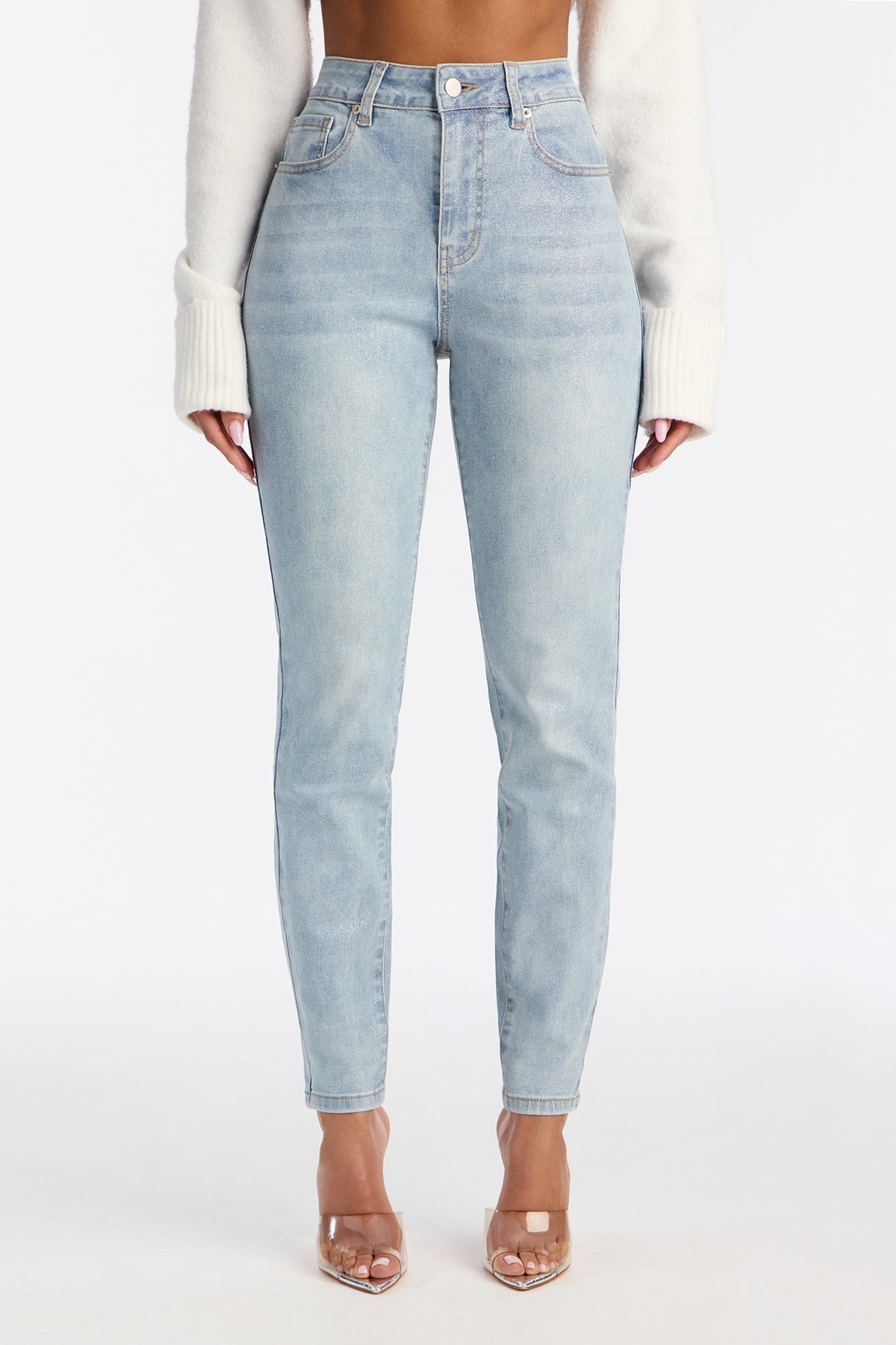 All That Glitter Foil Stretch Skinny Jeans - Light Wash