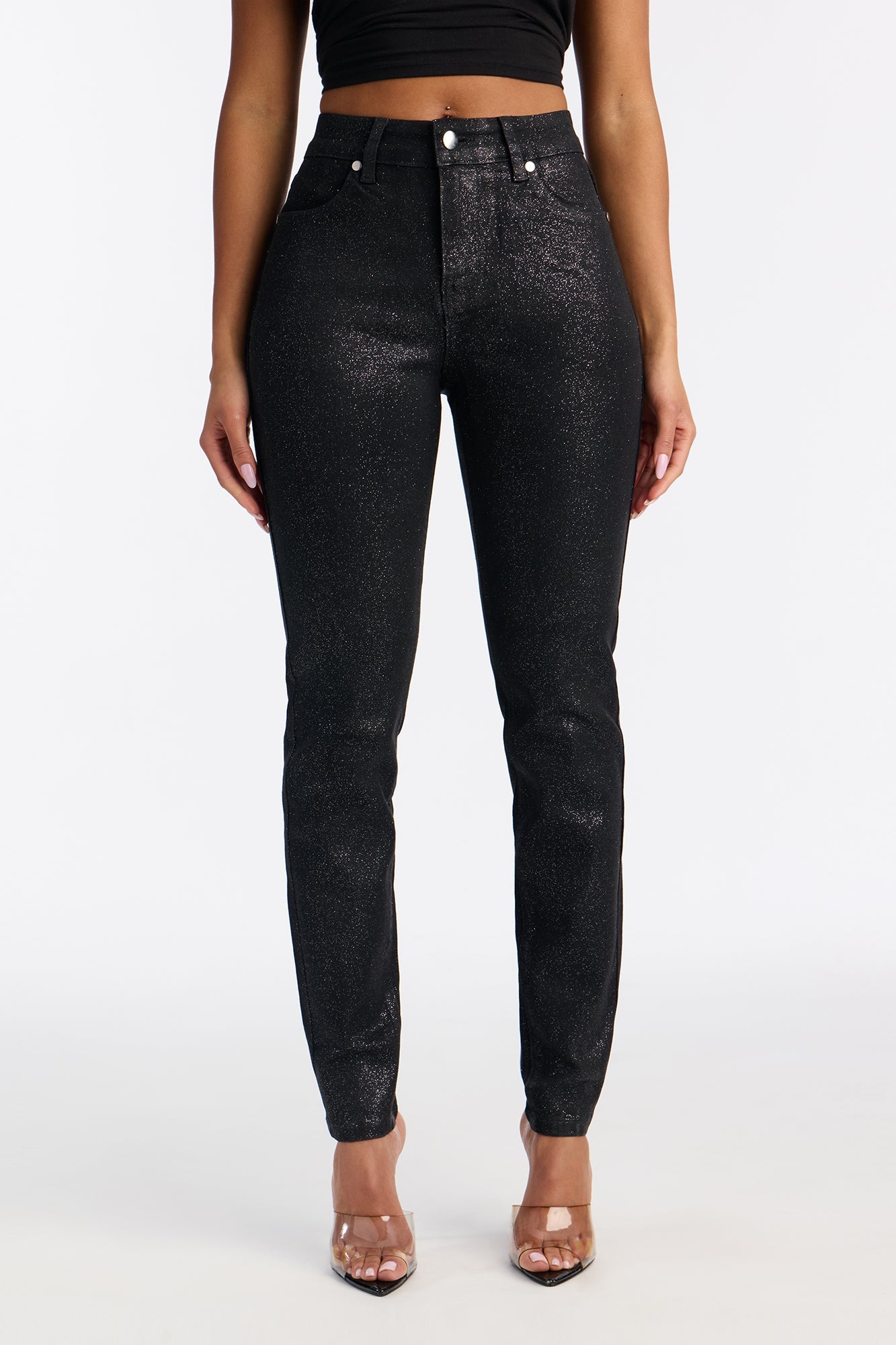 Past Midnight Glitter Foil Skinny Jeans - Black