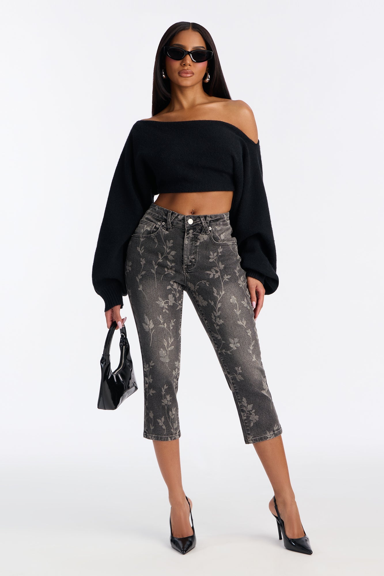 Midnight Fleur Stretch Skinny Capri Jeans - Grey