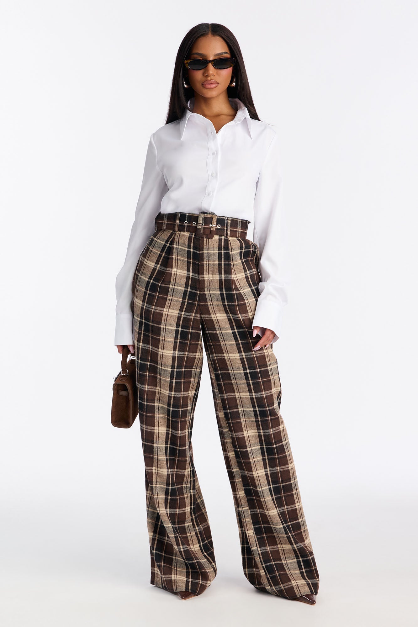 Breanna Flannel Plaid Wide Leg Collar Jumpsuit - Brown/combo