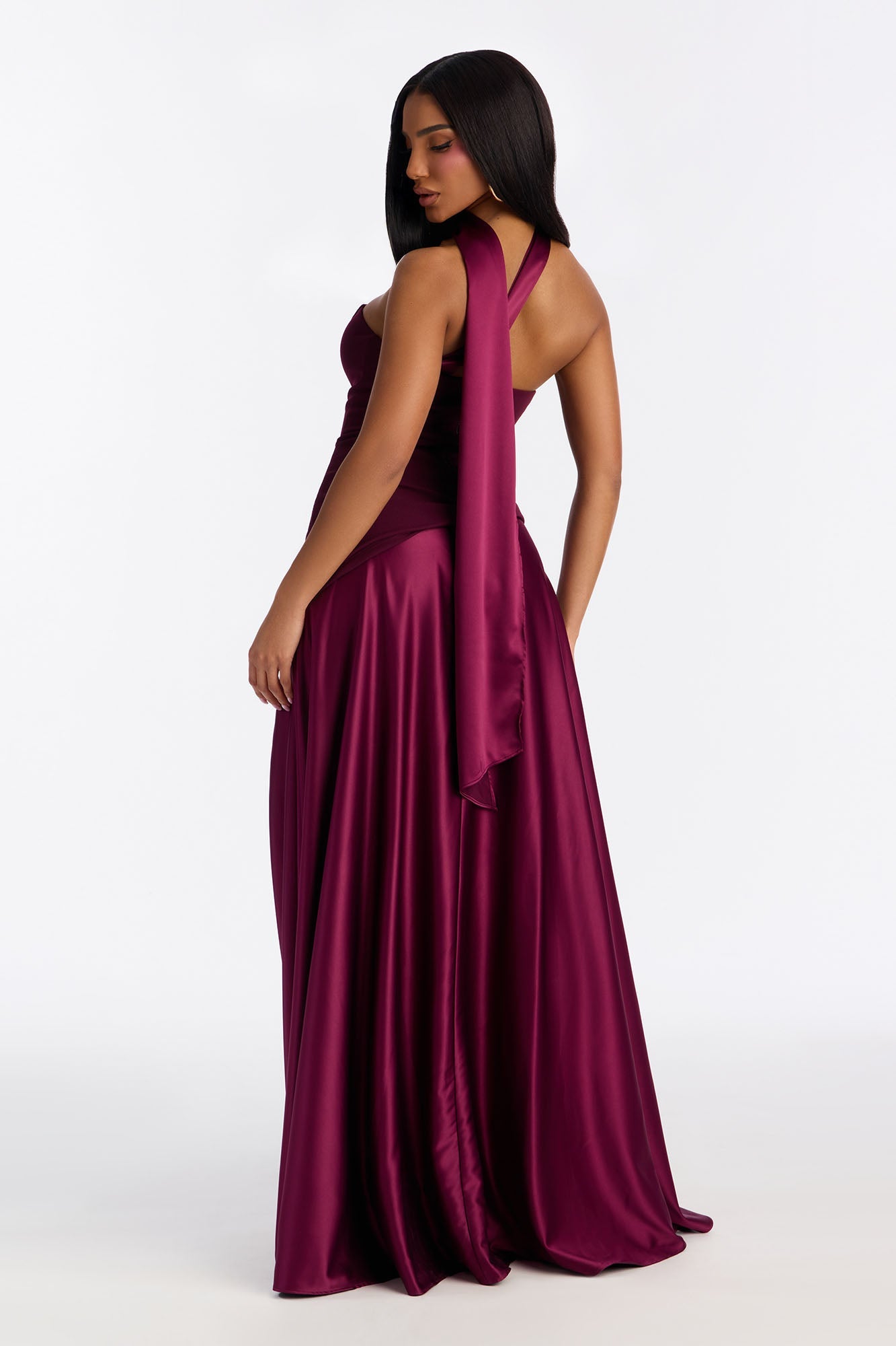 Marlene Scarf Satin Gown - Burgundy