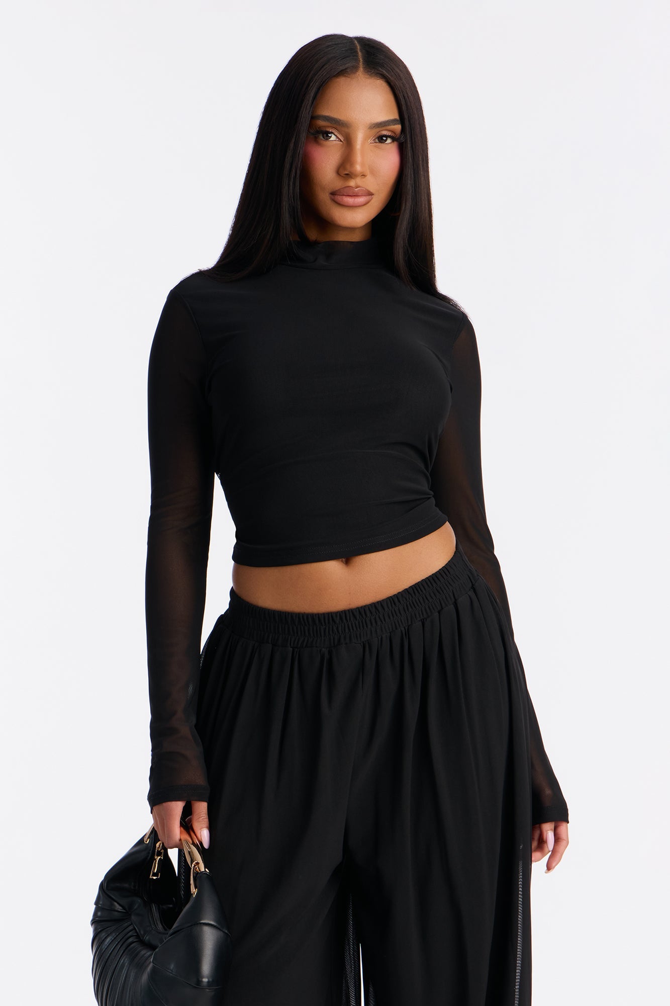 Mariah Mock Neck Mesh Balloon Pant Set - Black