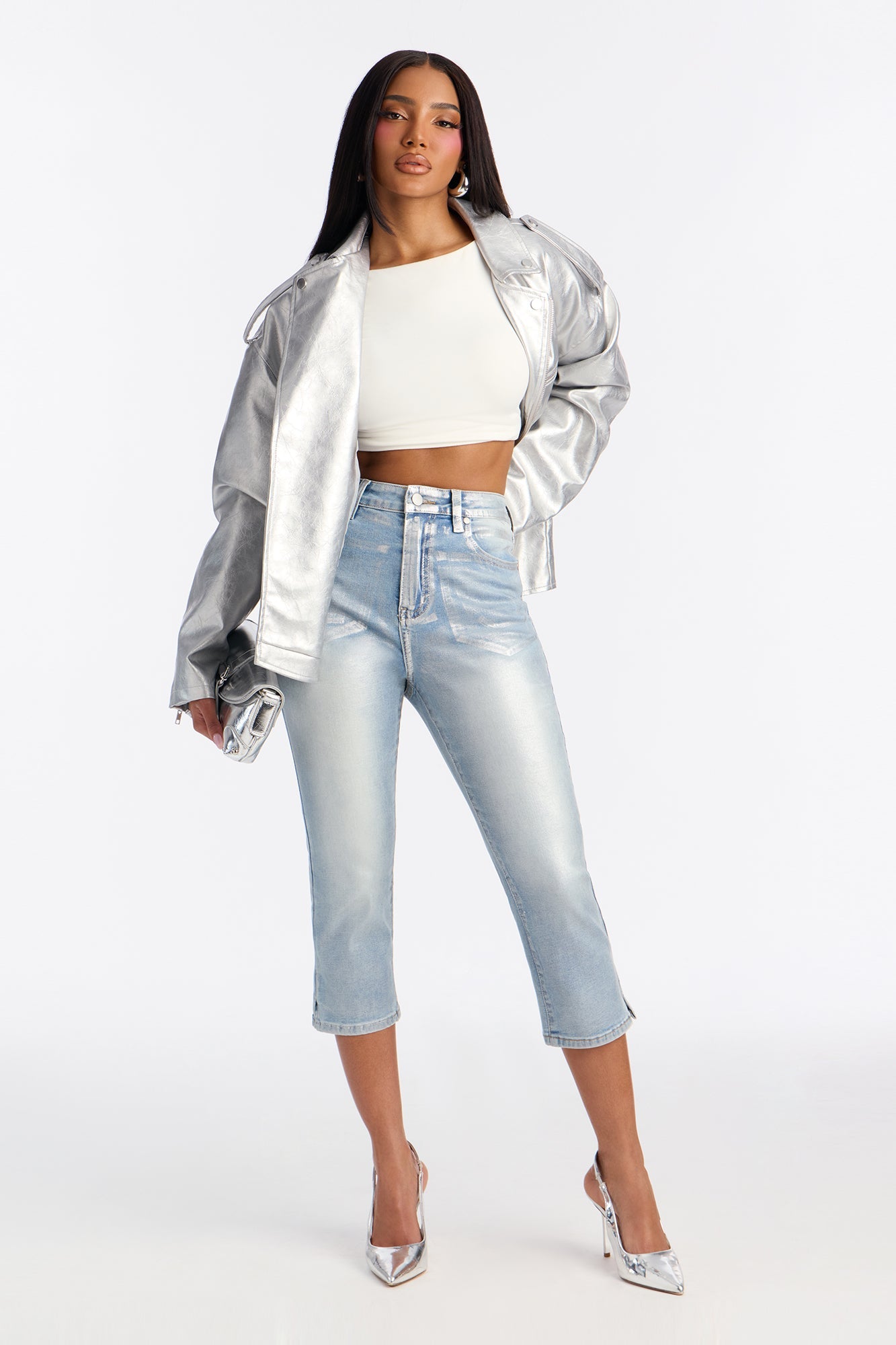 Luna Silver Foil Skinny Capri Jeans - Light Wash