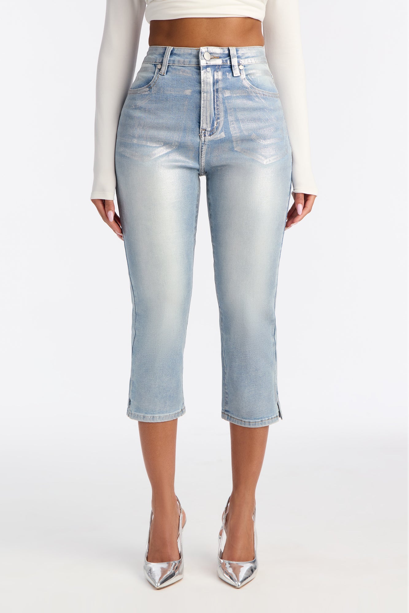 Luna Silver Foil Skinny Capri Jeans - Light Wash