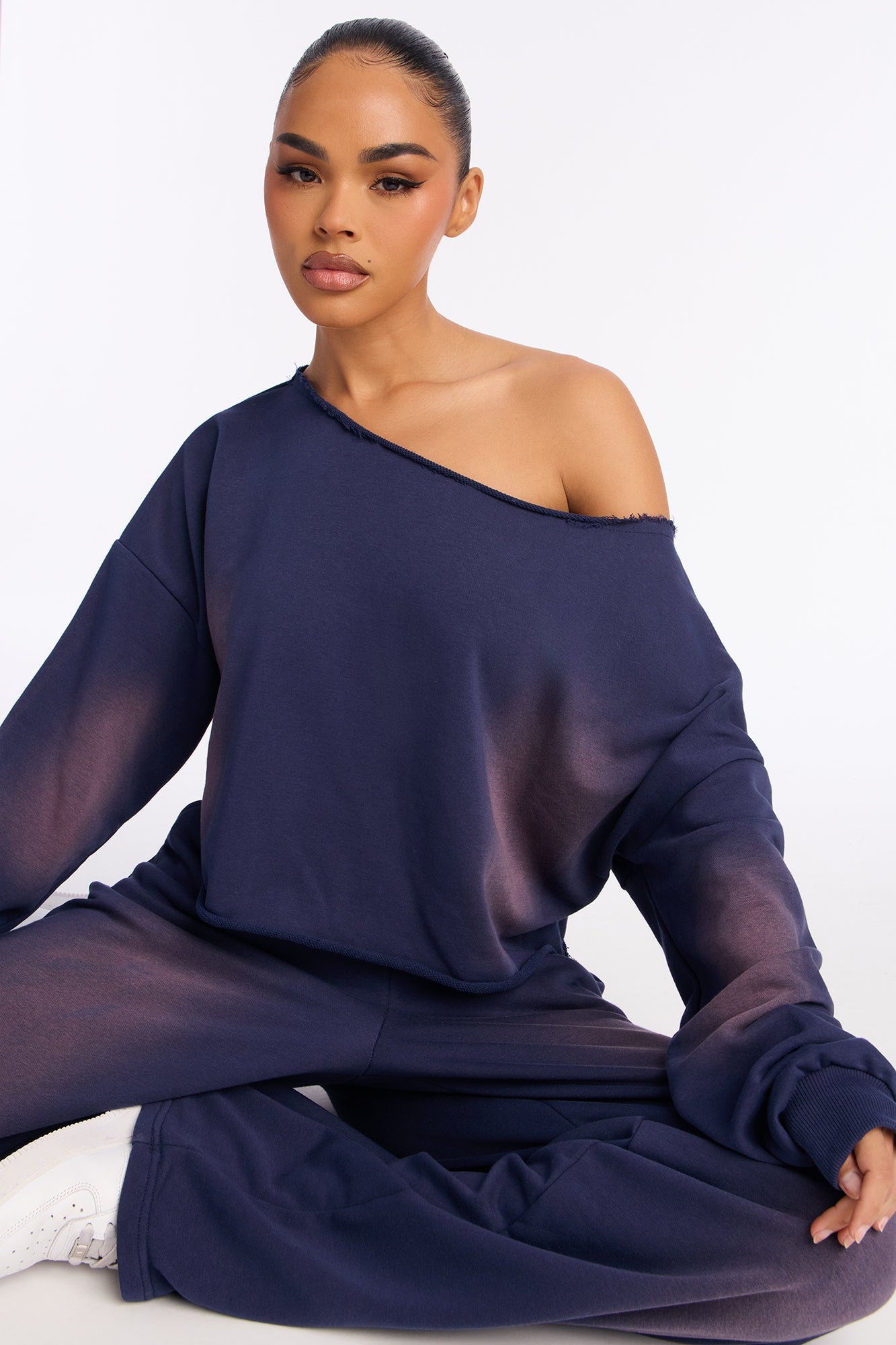 Effortless Fade Washed Off Shoulder Sweatshirt - Navy