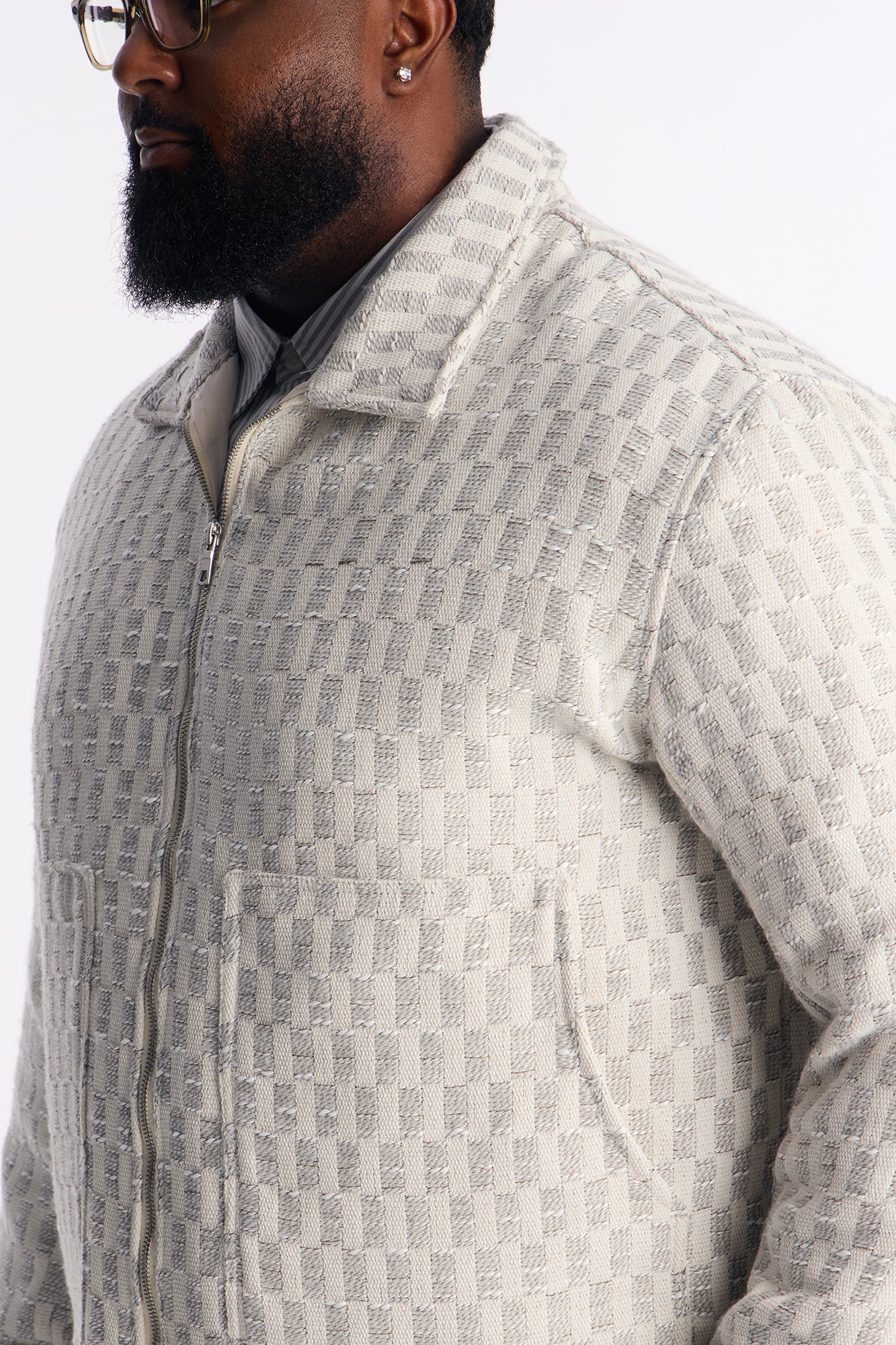 Relaxed Cropped Checker Work Jacket - Cream