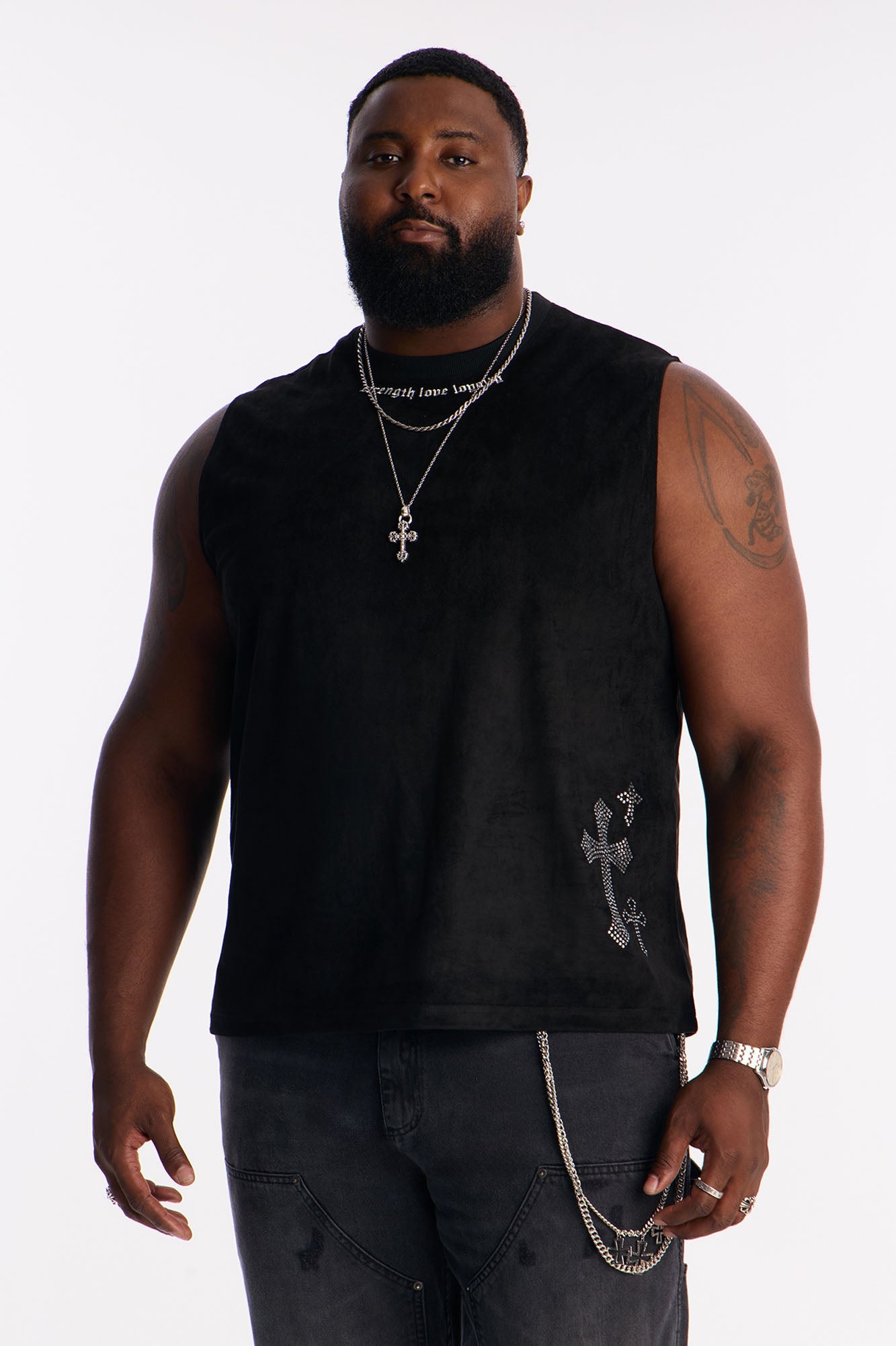 Studded Cross Faux Suede Muscle Tee - Black