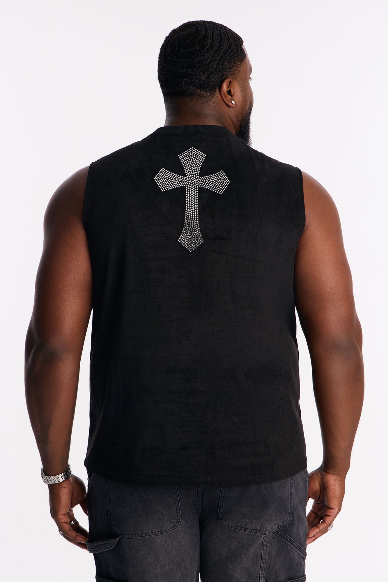 Studded Cross Faux Suede Muscle Tee - Black