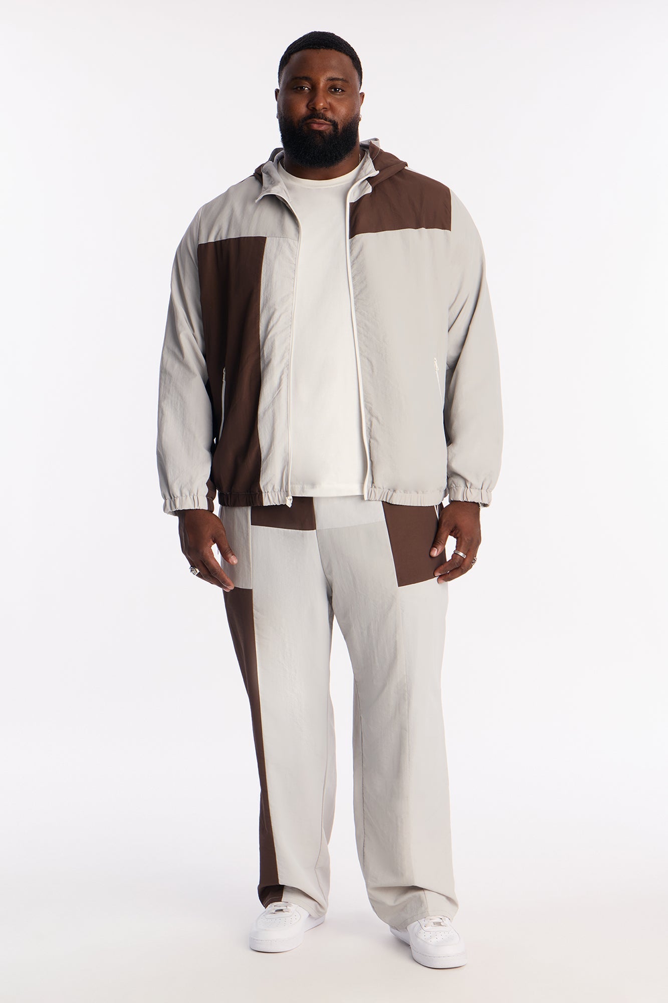 Relaxed Axel Color Block Funnel Neck Hooded Tech Jacket - Brown