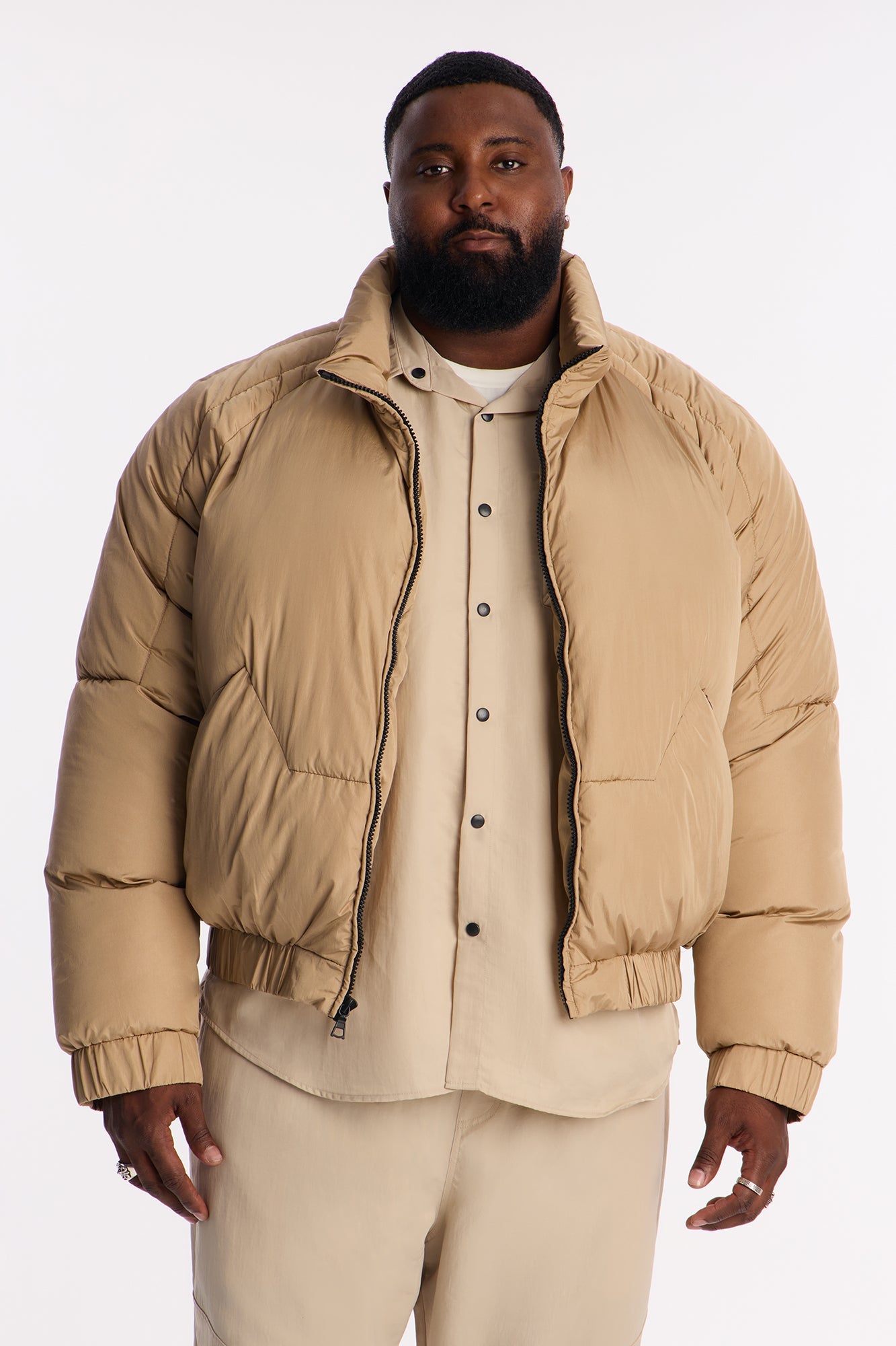 Cropped Look At Me Paneled Puffer Jacket - Tan