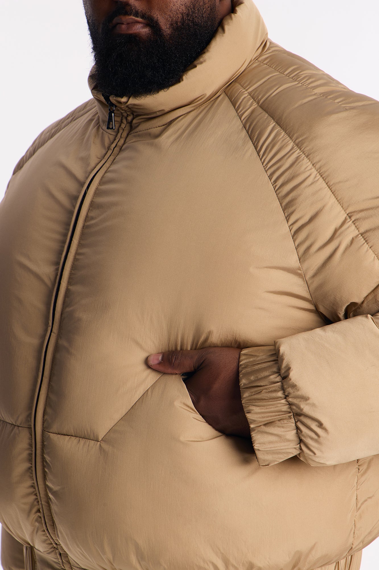 Cropped Look At Me Paneled Puffer Jacket - Tan