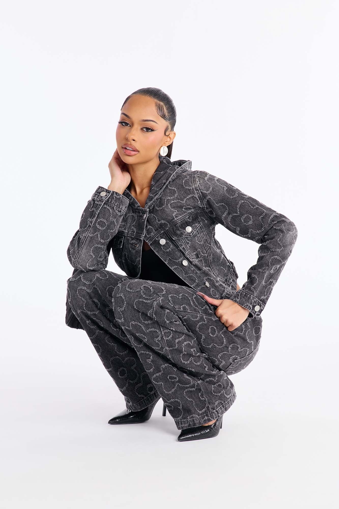 Flower Power Hooded Denim Jacket - Dark Grey