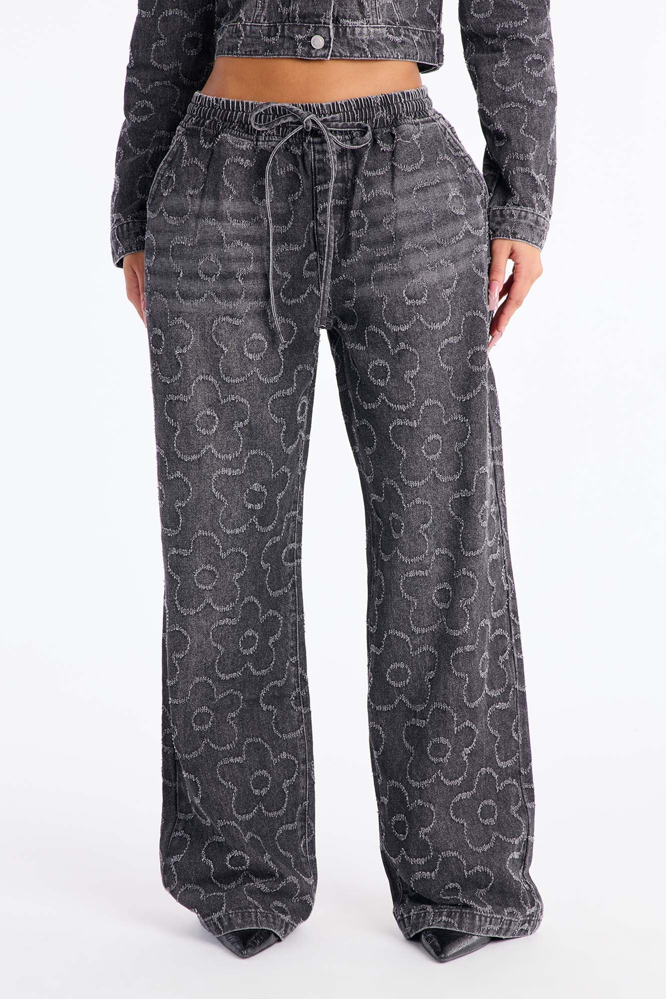 Flower Power Pull On Tie Waist Straight Leg Jeans - Dark Grey