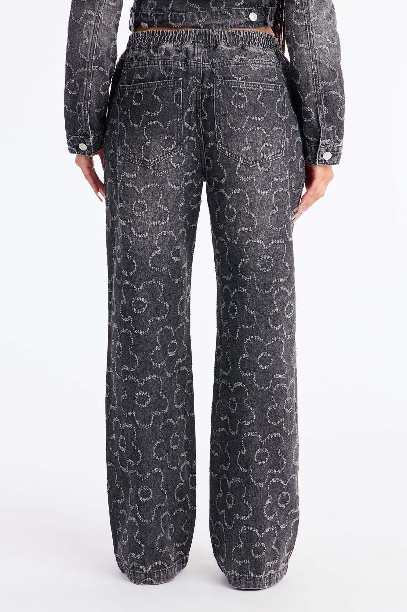 Flower Power Pull On Tie Waist Straight Leg Jeans - Dark Grey