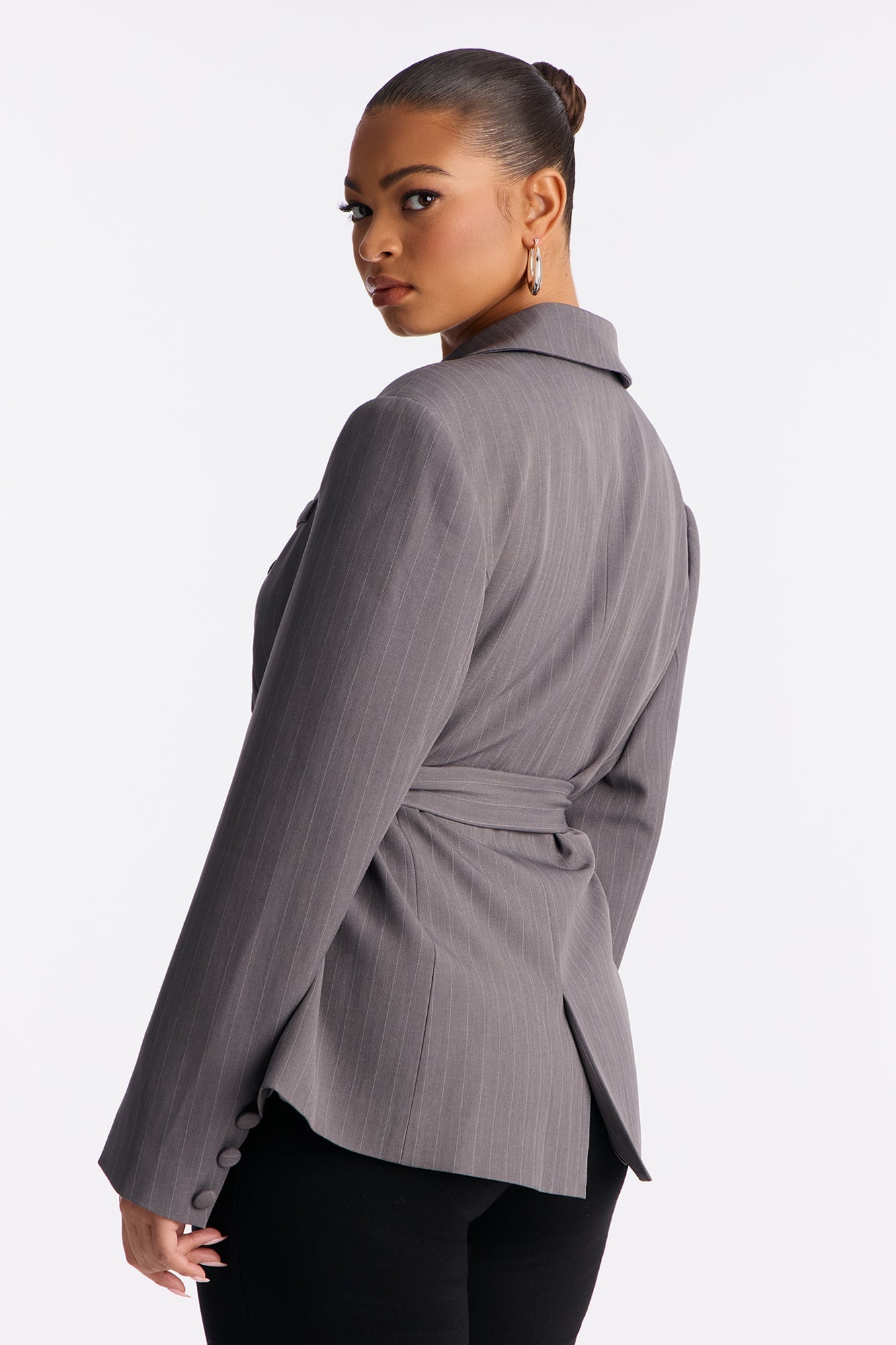 Focus Forward Belted Pinstripe Blazer - Charcoal/combo