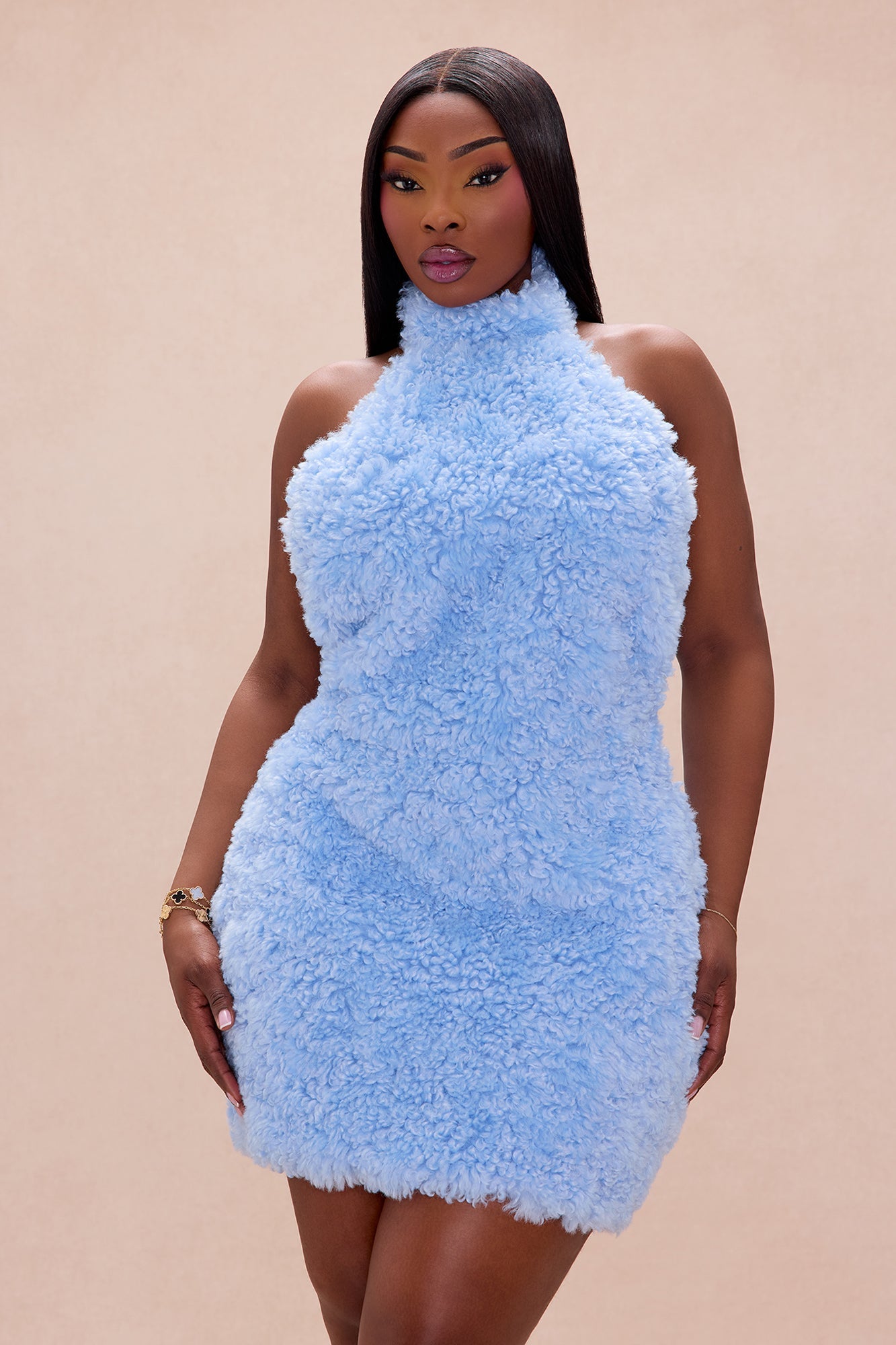 Arden Sherpa Fur Halter Mini Dress - Light Blue