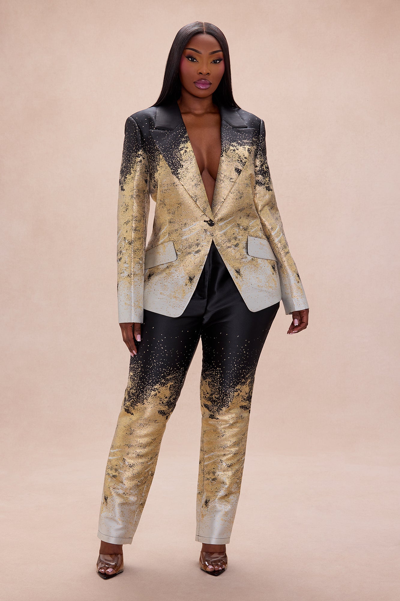 Esparza Metallic Blazer Pant Set - Gold/combo