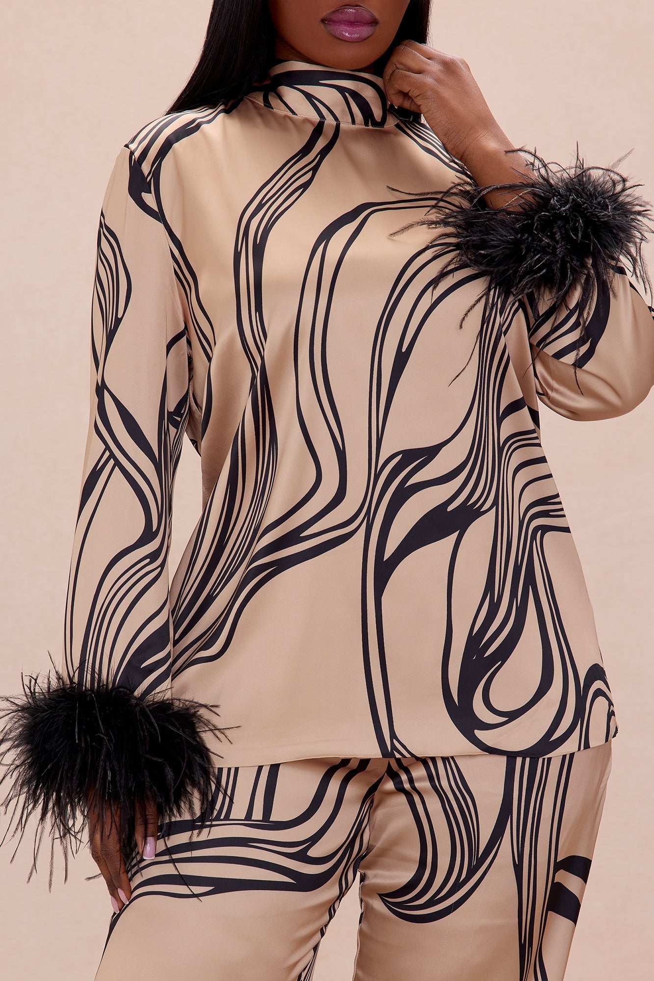 Daphne Fur Satin Pant Set - Taupe/combo