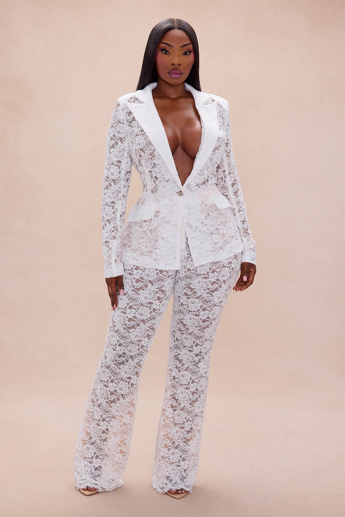 Chania Lace Blazer Suit Set - White