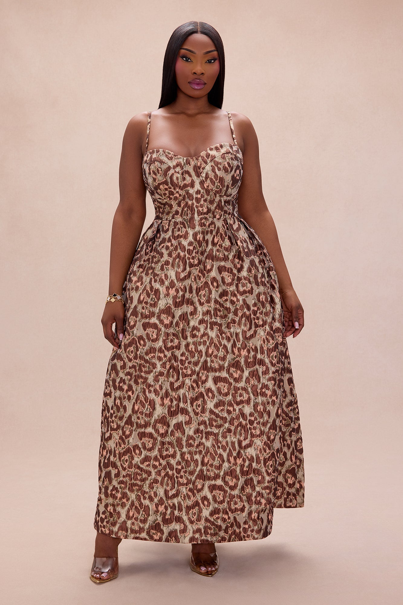 Chelsey Jacquard Midi Dress - Brown