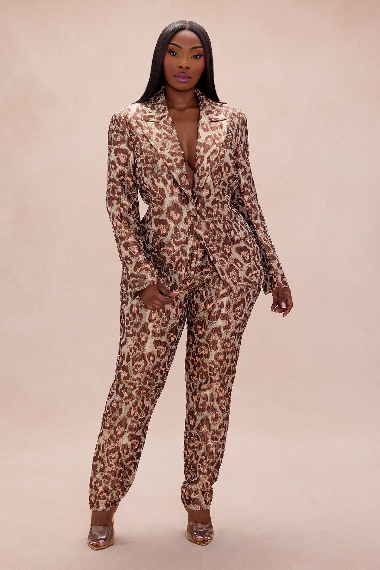 Charlotte Leopard Jacquard Blazer Pant Set - Brown